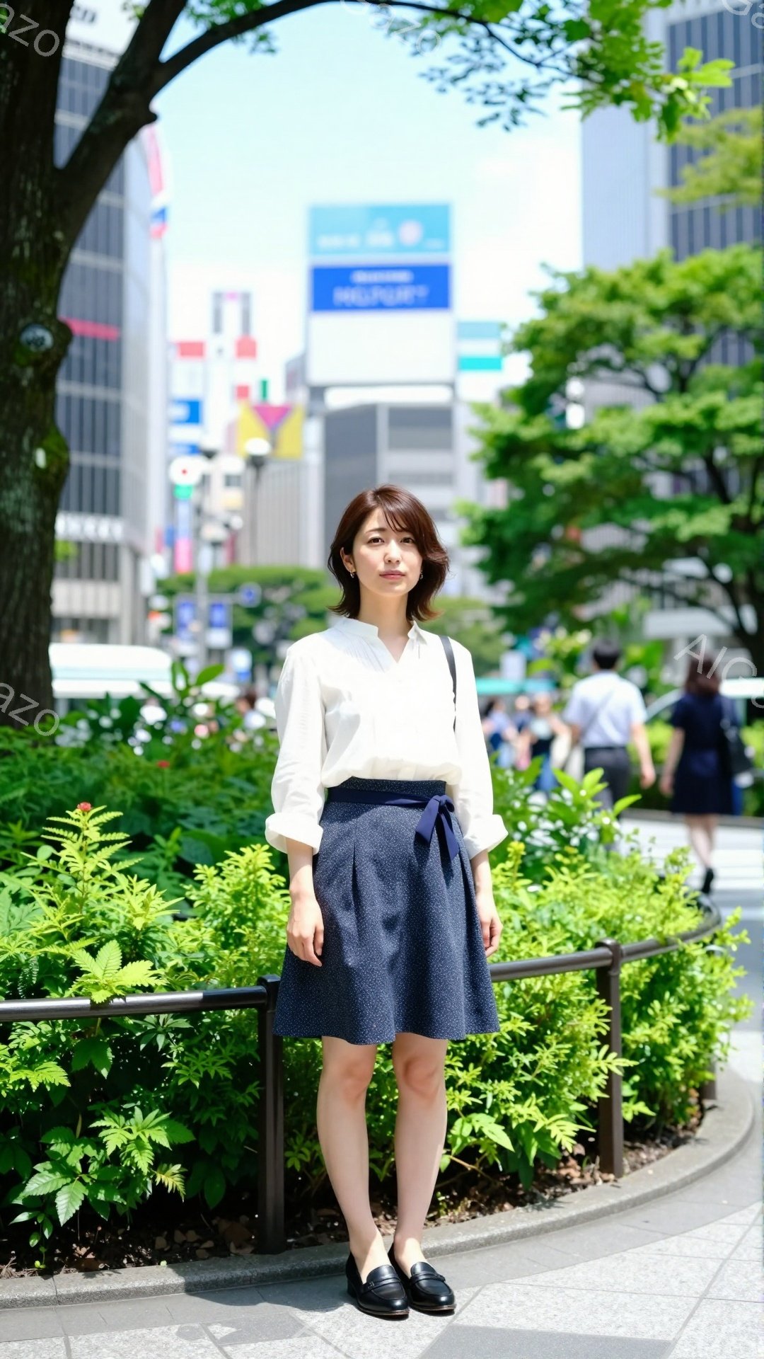 白いブラウスと濃い青色のドット柄の膝丈スカートを着用した女性が写っています。彼女は少し微笑んでおり、姿勢はまっすぐで、落ち着いた印象を与えます。背景には高層ビル群と緑豊かな植物が見え、晴れた日の都会の風景が広がっています。