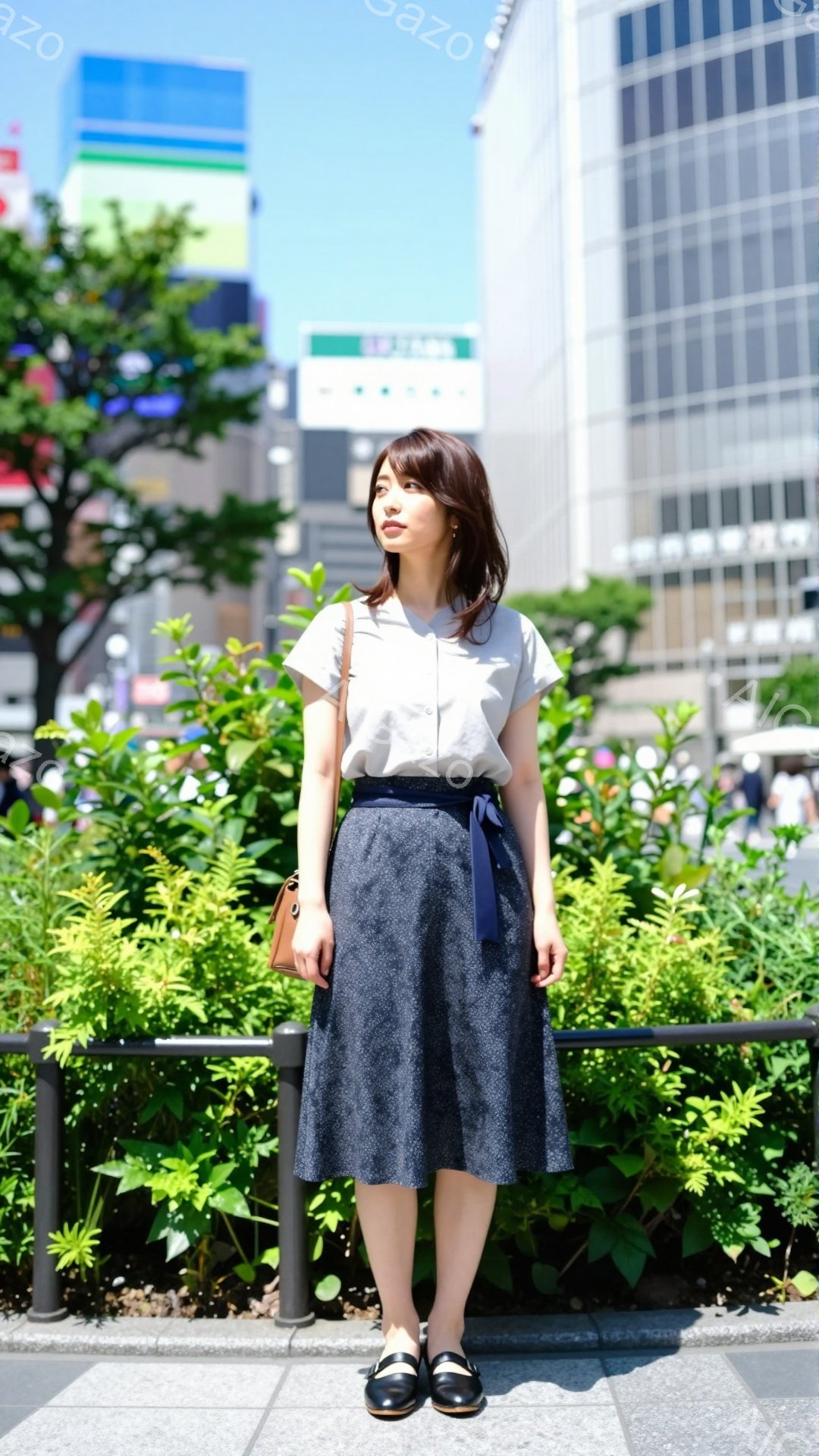 画像には、白いブラウスと濃い青色のフレアスカートを着用した若い女性が写っています。彼女は黒い髪を肩のあたりで切り揃え、控えめな微笑みを浮かべています。背景には、緑豊かな植物とモダンな高層ビルが立ち並び - AI生成フリー素材