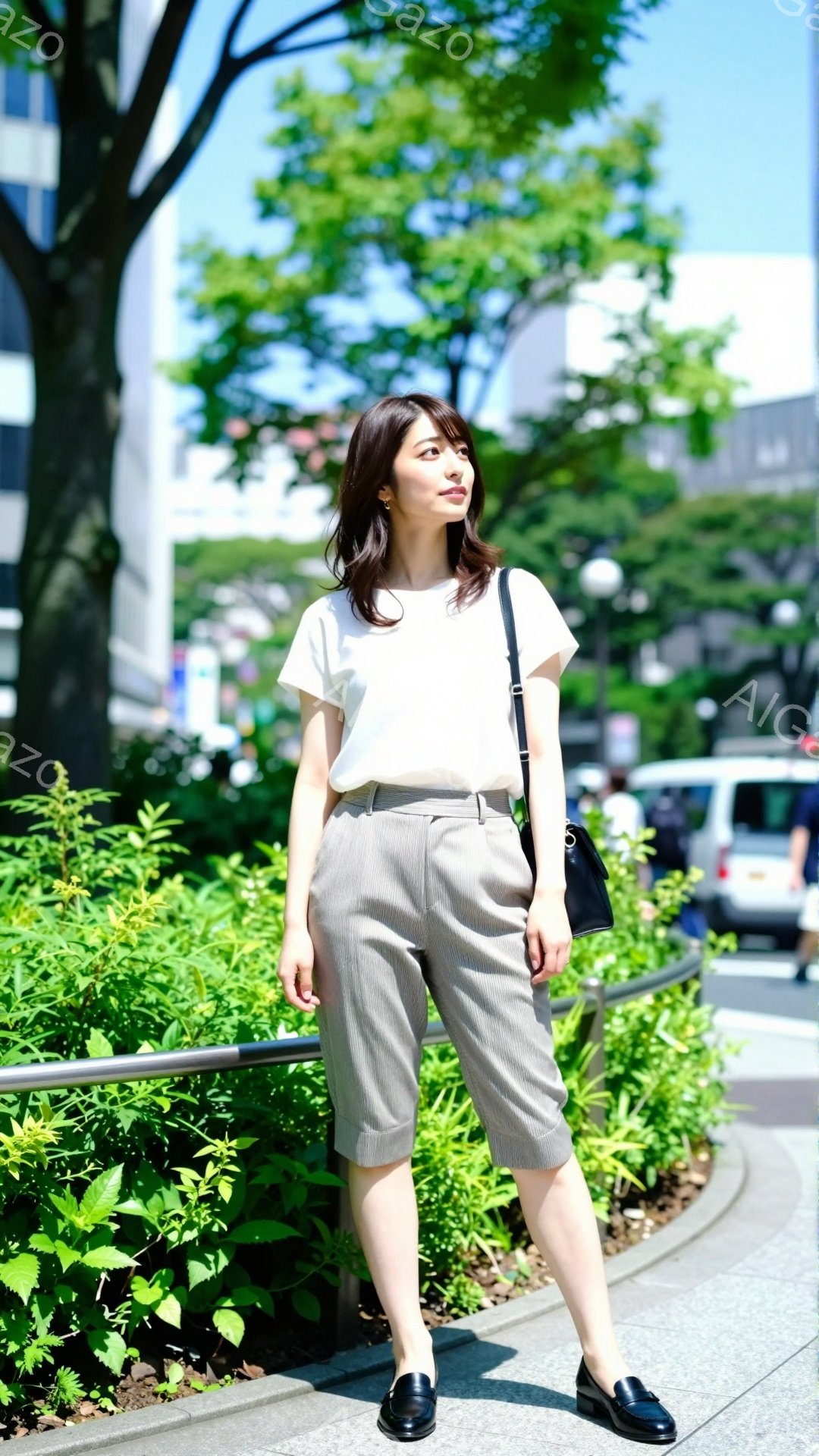 この女性は、白いTシャツとストライプのショートパンツ、黒いローファーを履いて、街の歩道に立っている。彼女は少し微笑んでおり、やや斜め前に視線を送っている。背景には緑豊かな植物と、遠くに見える建物や車があり、晴れた日の穏やかな雰囲気が感じられる。