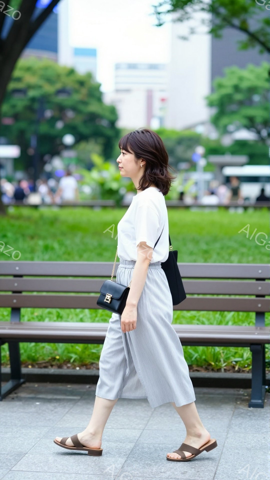 白いTシャツに、縦縞のワイドパンツを着用した女性が歩いている。肩にかけた黒いショルダーバッグと、茶色のサンダルがコーディネートのアクセントになっている。背景には緑豊かな木々や芝生、そして高層ビルが見え、晴れた日の穏やかな雰囲気が感じられる。