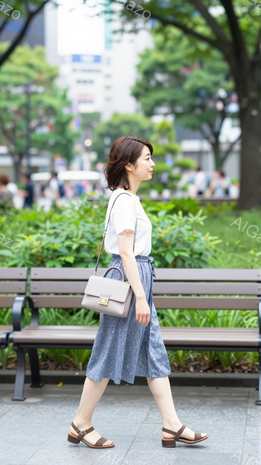 この女性は、白いTシャツにブルーのクロップドパンツ、そしてブラウンのサンダルを履いて歩いています。肩にかけているのはグレージュのショルダーバッグです。背景には緑豊かな植物とベンチ、そしてぼやけた建物が見え、晴れた日の穏やかな雰囲気が漂っています。