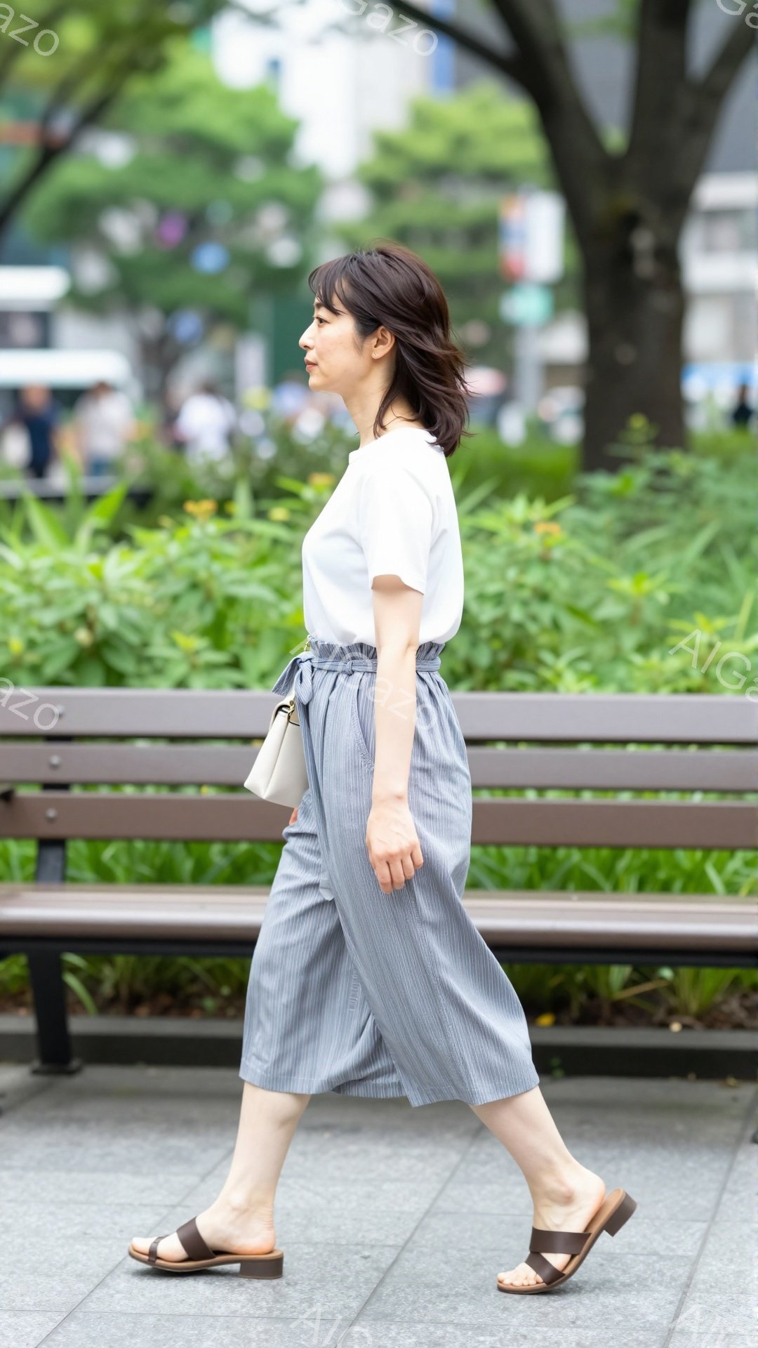 画像には、ストライプのワイドパンツと白いTシャツを着た女性が写っています。彼女はサンダルを履いて歩いており、髪は肩までの長さで、自然な巻き髪です。背景には緑豊かな植物とベンチがあり、晴れた日の穏やかな雰囲気が漂っています。