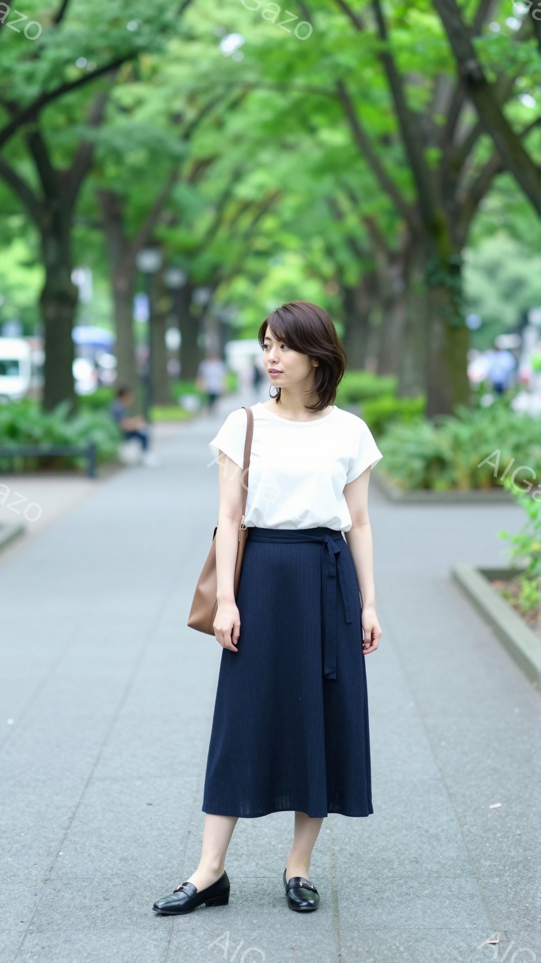 女性は白いTシャツと濃い青色のプリーツスカートを着用し、黒いローファーを履いています。彼女は肩に茶色のバッグをかけ、少し微笑んでいるように見えます。背景には緑豊かな木々と歩道があり、晴れた日の穏やかな雰囲気が漂っています。