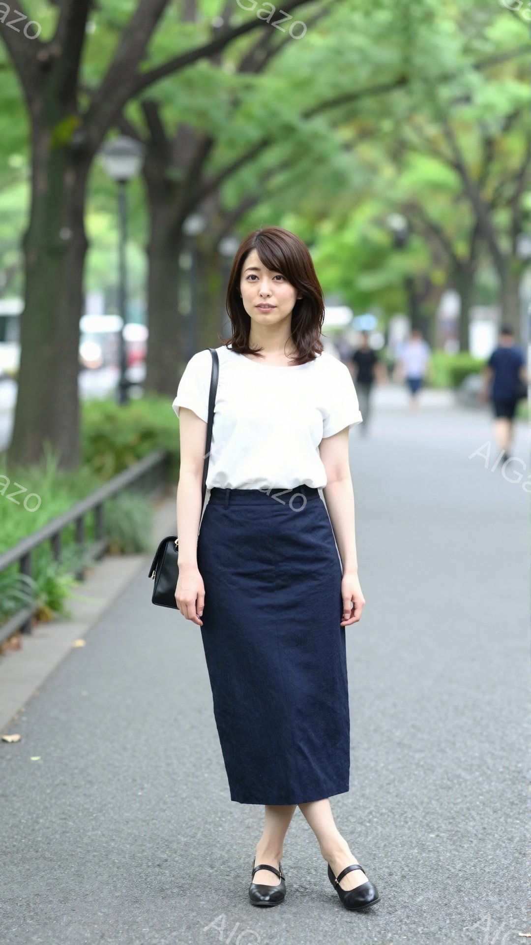画像には、紺色のミモレ丈スカートと白いTシャツを着た女性が写っています。彼女は黒いフラットシューズを履き、肩に黒いハンドバッグを掛けています。背景は緑豊かな木々が並ぶ遊歩道で、晴れた日の穏やかな雰囲気が漂っています。