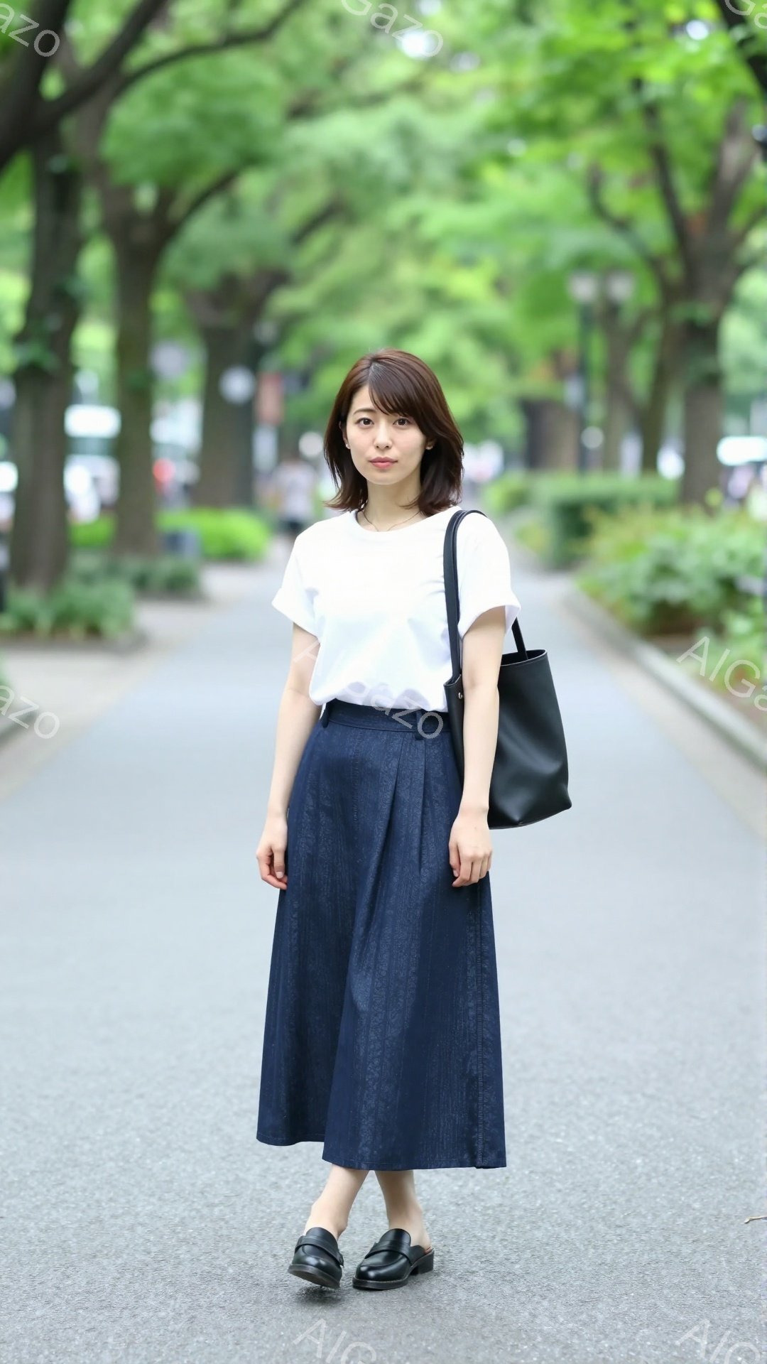 女性は白いTシャツと濃い青色のプリーツスカートを着用し、黒いローファーを履いています。彼女は少し微笑んでおり、黒いハンドバッグを持っています。背景には緑豊かな木々が並ぶ遊歩道があり、晴れた日の穏やかな雰囲気が漂っています。