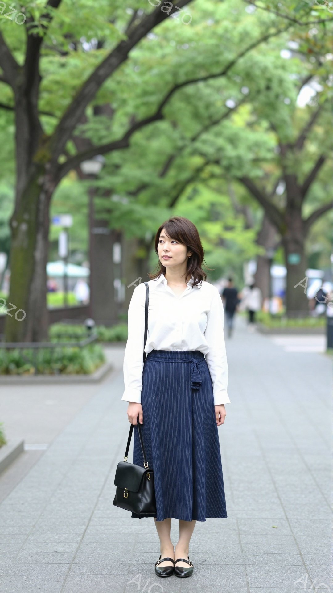 白いブラウスと紺色のストライプのフレアスカートを着用した女性が、街中の歩道に立っている。彼女は黒いショルダーバッグを持ち、黒いパンプスを履いており、やや微笑んだ表情をしている。背景には緑豊かな木々と歩道が広がり、晴天の下、穏やかな雰囲気が漂っている。