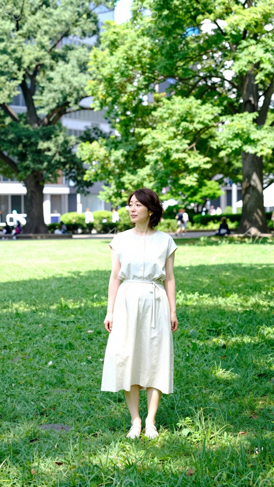 若い女性が緑豊かな公園の中に立っている。ベージュ色の膝丈のワンピースを着ており、ウエストが絞られている。彼女は軽く微笑み、前を見据えており、全体的に穏やかで自然な雰囲気が漂っている。 - AI生成フリー素材