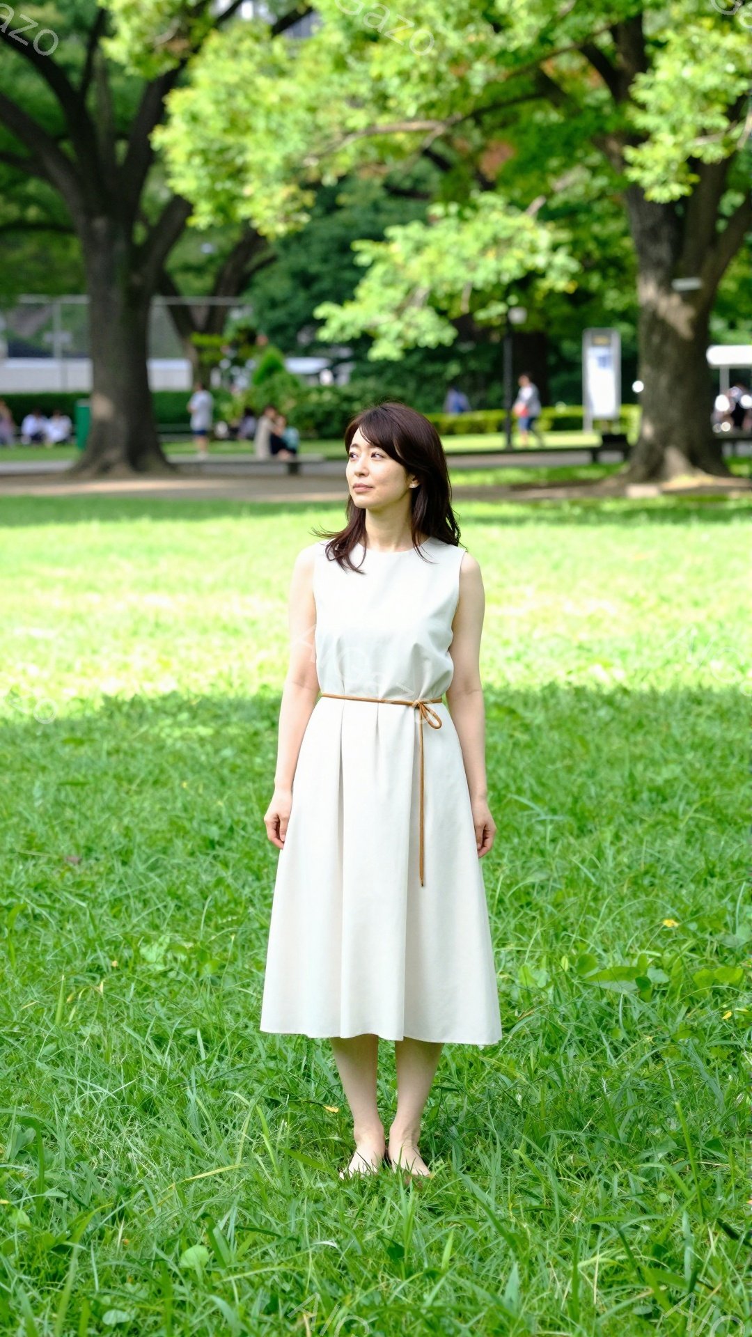 画像には、緑豊かな芝生の上で立つ女性が写っています。オフホワイトのワンピースに薄い茶色のベルトを締め、素足で立っています。背景には、木々が生い茂り、穏やかな晴天の下、静かで落ち着いた雰囲気が漂っていま - AI生成フリー素材