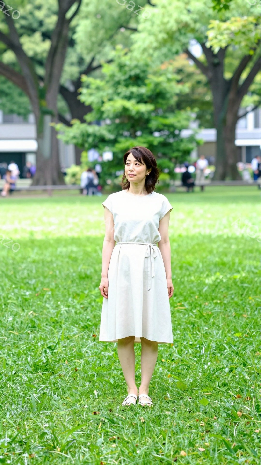 浅緑色のワンピースを着た女性が、緑豊かな芝生の上に立っている。彼女は少し上を見つめ、リラックスした表情で、穏やかな雰囲気を醸し出している。背景には木々が生い茂り、日差しが差し込む晴れた日の公園の様子が - AI生成フリー素材