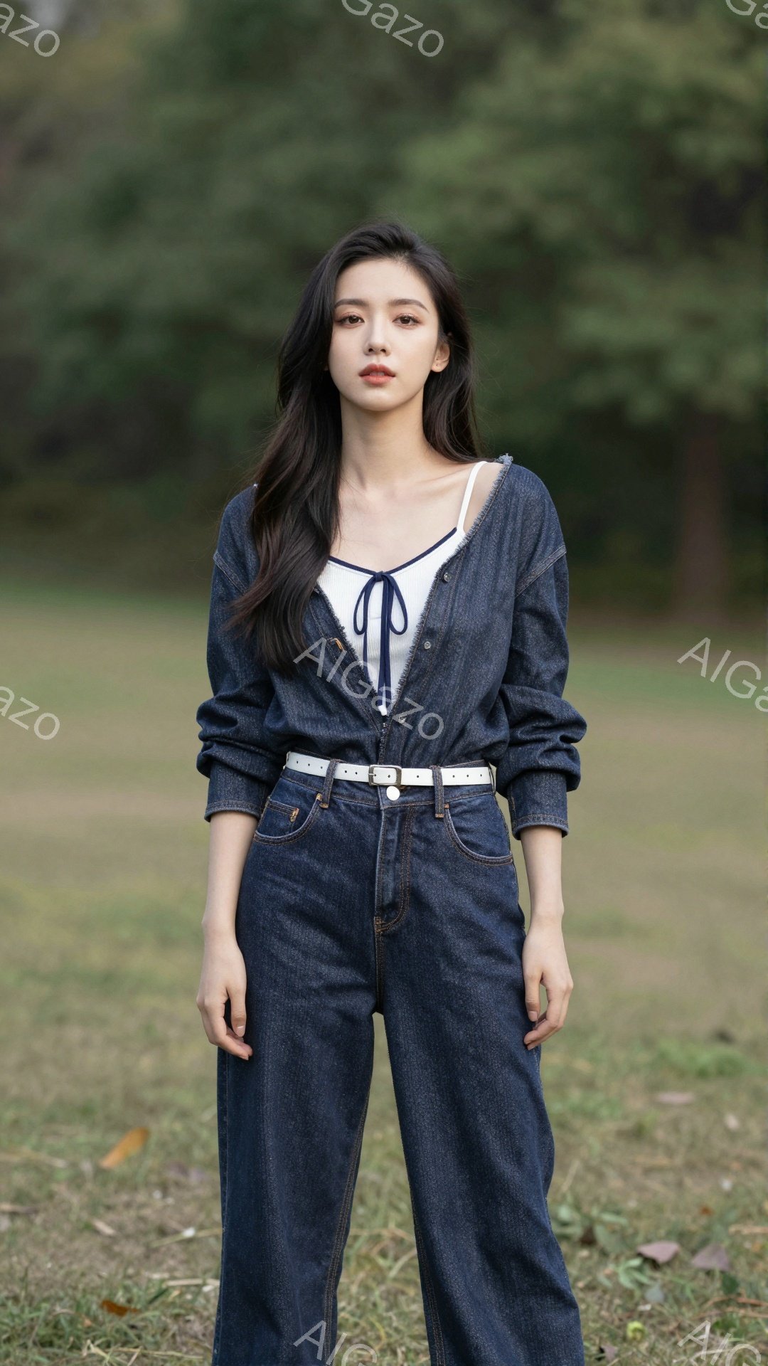 深いブルーのデニムのジャンプスーツを着た若い女性が立っています。彼女は肩まで届くストレートの黒髪で、白い細いベルトでウエストが強調されています。背景は緑豊かな草地で、柔らかい光が差し込み、穏やかで自然な雰囲気を醸し出しています。