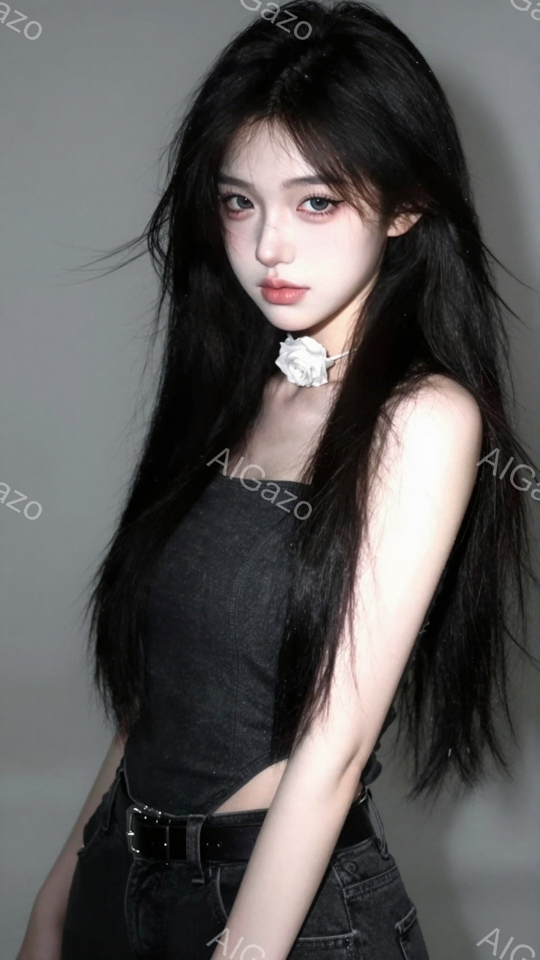 長い黒髪の女性が、グレーのクロップドトップスとハイウエストのジーンズを着用し、白いチョーカーをつけています。彼女は少し唇を尖らせた、控えめな表情を浮かべ、片手を腰に当てて少し内側に傾いています。背景は白く、モデルに焦点が当てられており、全体的にクールで洗練された雰囲気を醸し出しています。