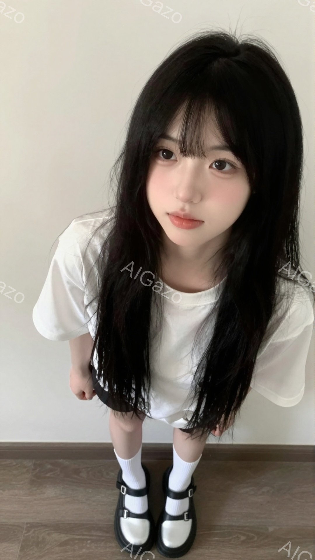 長い黒髪の女性が、白いTシャツと黒いストラップ付きの靴を履いて立っています。彼女はカメラを見下ろし、少し微笑んでいるように見えます。背景は薄い木製の床と白い壁で、全体的に明るくカジュアルな雰囲気です。