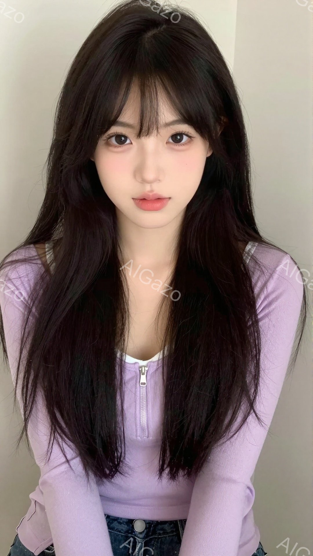 長い黒髪で、前髪は眉毛にかかるようにカットされた若い女性が写っています。彼女は薄紫色のジッパー付きトップスとジーンズを着用し、穏やかな表情でカメラを見つめています。背景は薄い壁で、全体的に柔らかく、優 - AI生成フリー素材