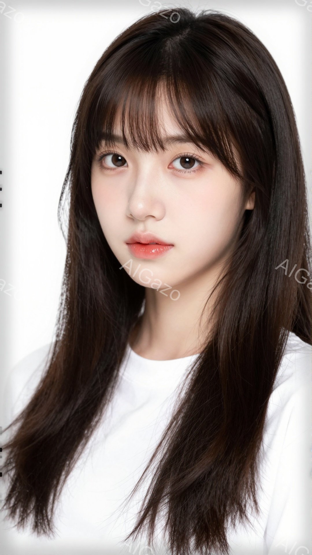 長い黒髪で、前髪が眉毛にかかるようにカットされた若い女性が写っている。白いシンプルなTシャツを着ており、表情は穏やかで、わずかに微笑んでいるように見える。背景は白で、女性が際立っており、全体的に柔らか - AI生成フリー素材