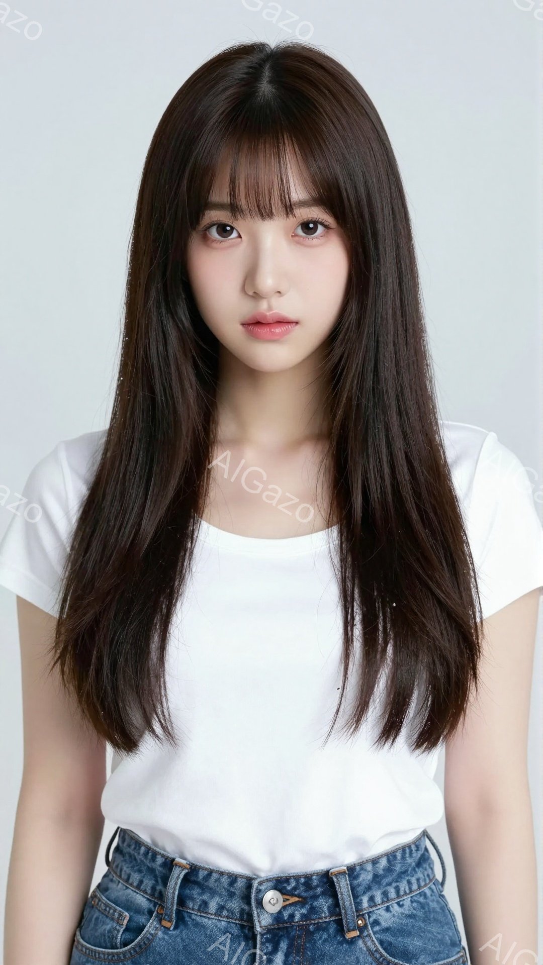長い黒髪で、前髪が眉毛にかかるようにカットされた若い女性が写っています。白いTシャツとデニムのジーンズを着ており、わずかに微笑んでいます。背景は白く、人物が際立っており、全体的に清潔でシンプルな雰囲気 - AI生成フリー素材