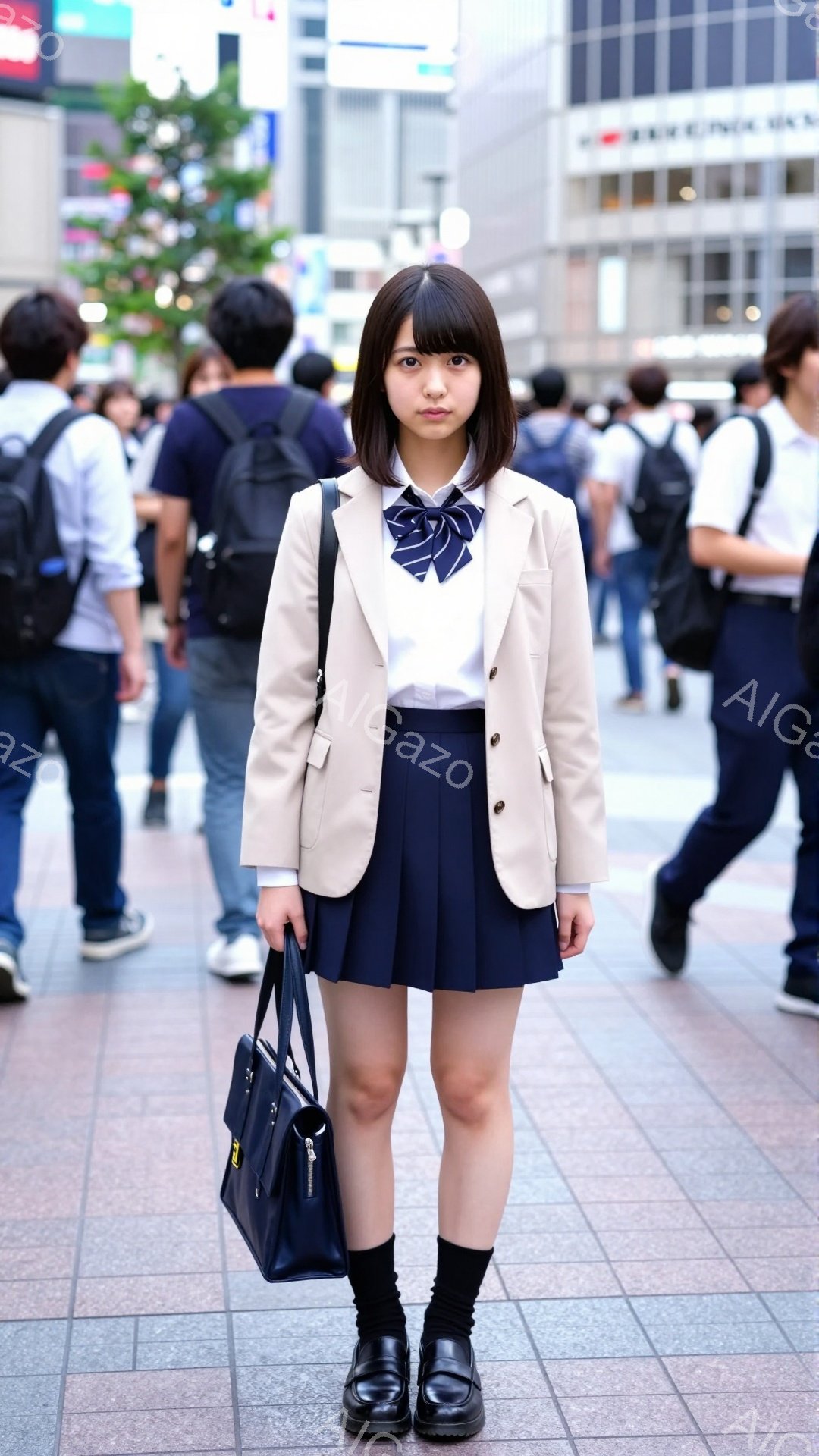 画像には、制服を着た女子高生が写っています。彼女はベージュ色のブレザー、濃い青色のプリーツスカート、白いシャツ、濃い青色のネクタイ、黒い靴下、黒い革靴を着用しています。背景には、多くの人が歩く賑やかな街並みと高層ビルが見え、晴天の下で活気があります。