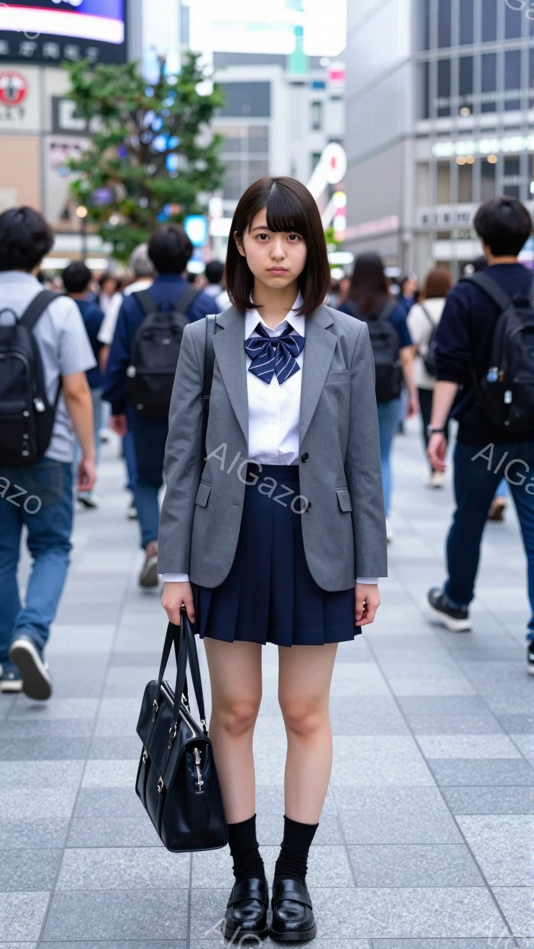 制服を着た女子高生が、道路の中央に立っている。彼女はグレーのブレザー、プリーツスカート、白いシャツにネクタイ、黒い靴下と靴を履いている。背景には、人々や建物がぼやけて写っており、晴れた日の賑やかな街並みであることがわかる。