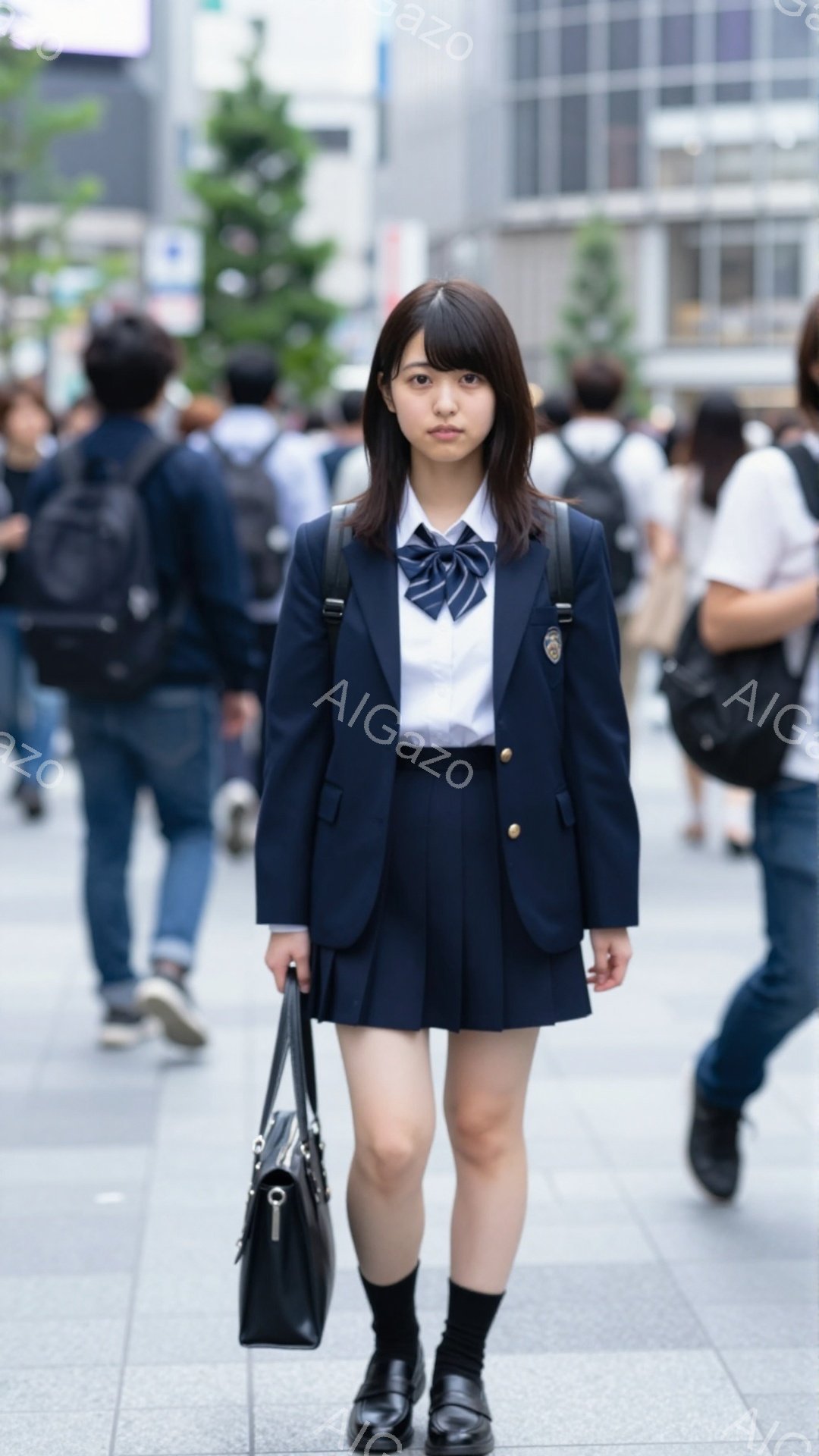 画像には、紺色の制服を着た若い女性が立っています。彼女は白いシャツにネクタイ、紺色のスカート、黒い靴を履き、肩に黒いバッグをかけています。背景には、ぼやけた歩行者と高層ビルが見え、晴れた日の街並みが広がっています。