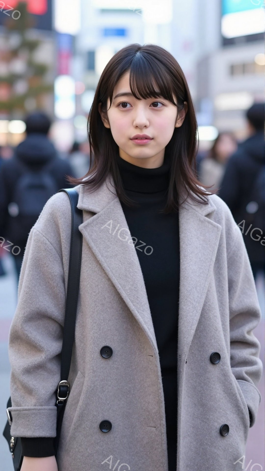 長い前髪と肩までの長さのストレートヘアの女性が、ベージュ色のダブルブレストのコートと黒いタートルネックセーターを着ています。彼女は少し微笑んでおり、落ち着いた表情をしています。背景には、ぼやけた街並みと、多くの人が歩いている様子が見え、天候は曇りまたは晴れ間があるように見えます。