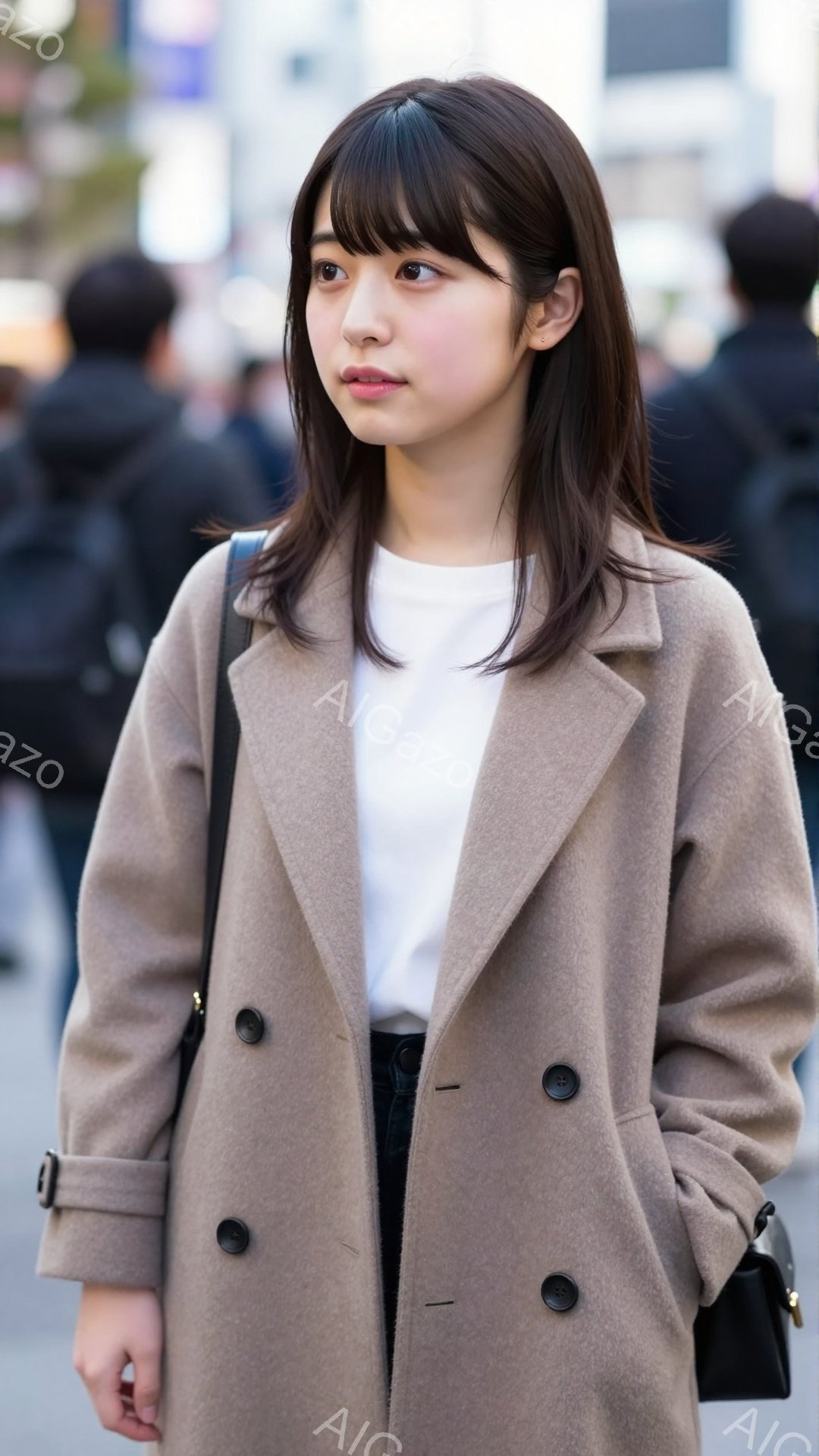 若い女性がベージュ色のダブルブレストのコートと白いTシャツ、黒いパンツを身に着けて立っています。彼女は肩までの長さのダークブラウンのヘアスタイルで、少し微笑んでいます。背景にはぼやけた建物や歩行者がお - AI生成フリー素材