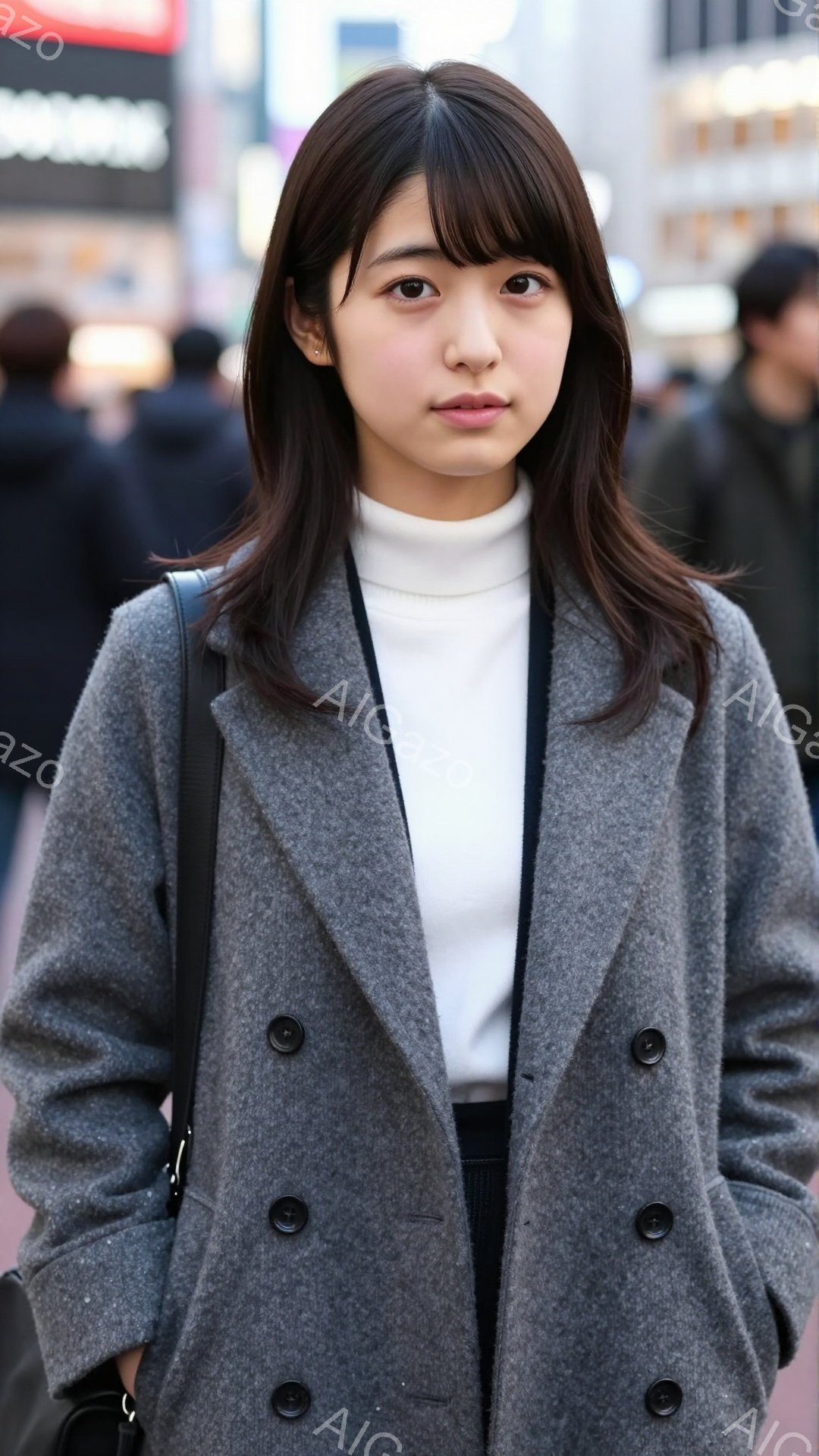 この女性は、グレーのオーバーコートと白いタートルネックセーターを着ています。ダークカラーのボトムスとショルダーバッグを合わせ、少し微笑んだ表情でカメラを見ています。背景には、ぼやけた建物や歩行者が写っており、都市の街並みが感じられます。