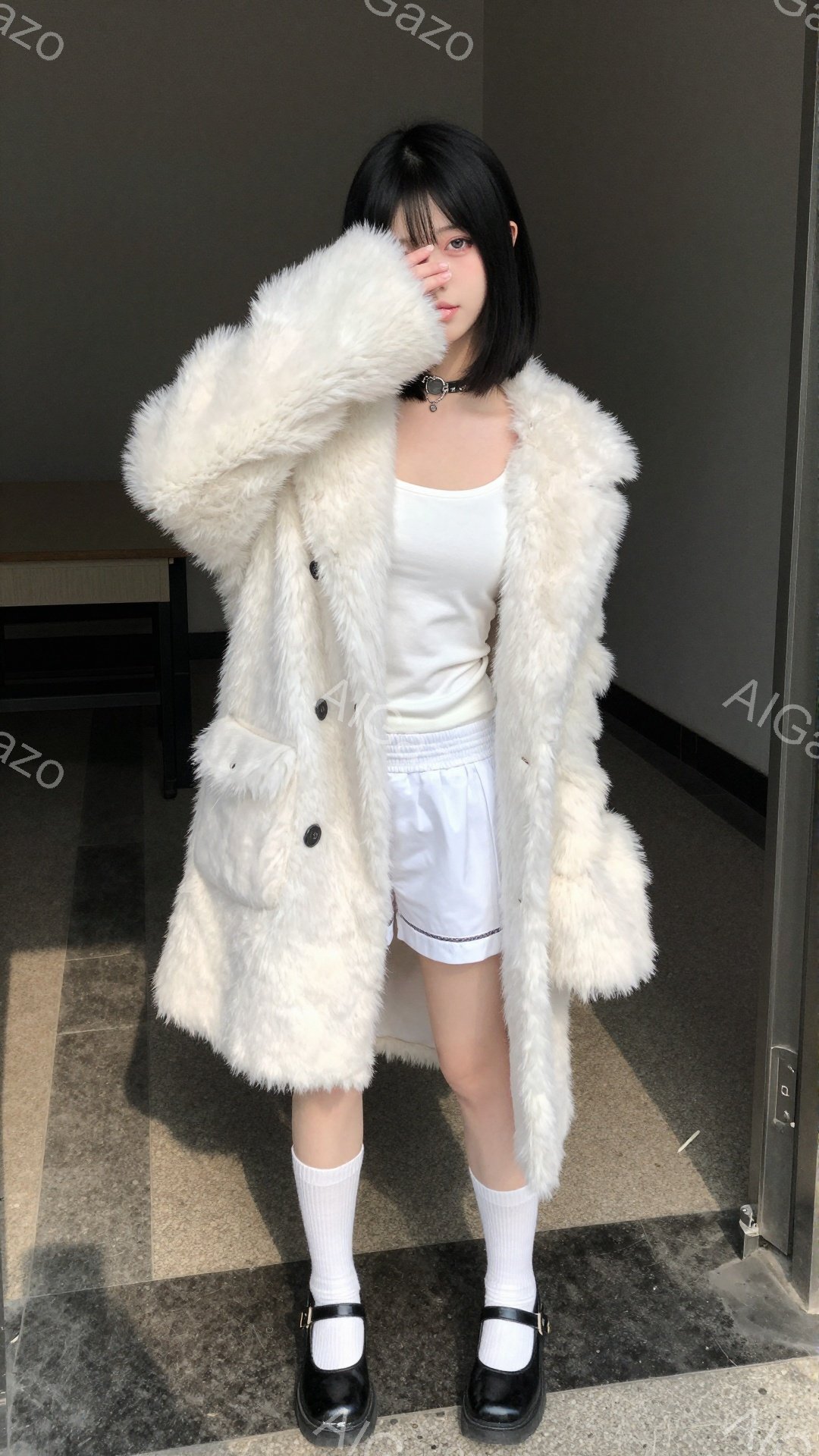 モデルはクリーム色のふわふわしたフェイクファーコートを羽織り、白いタンクトップとショートパンツを合わせ、膝上ソックスと黒いメリージェーンシューズを履いています。彼女は黒髪で、前髪が少し長めのワンレングスヘアスタイルです。背景はシンプルなタイルの床で、光が差し込み、やや影になっています。