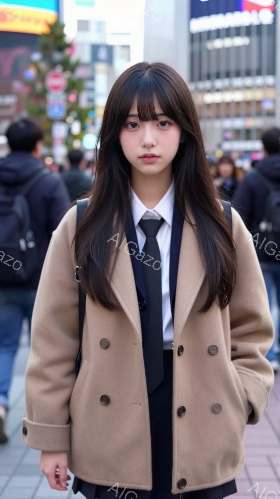 長い黒髪で、前髪は眉毛にかかる程度にカットされた若い女性が写っている。ベージュ色のダブルブレストのコートと黒いスカート、白いシャツ、黒いネクタイを着ており、姿勢はまっすぐで、やや無表情な顔をしている。背景には高層ビルが立ち並び、多くの歩行者が写っており、賑やかな都会の雰囲気である。