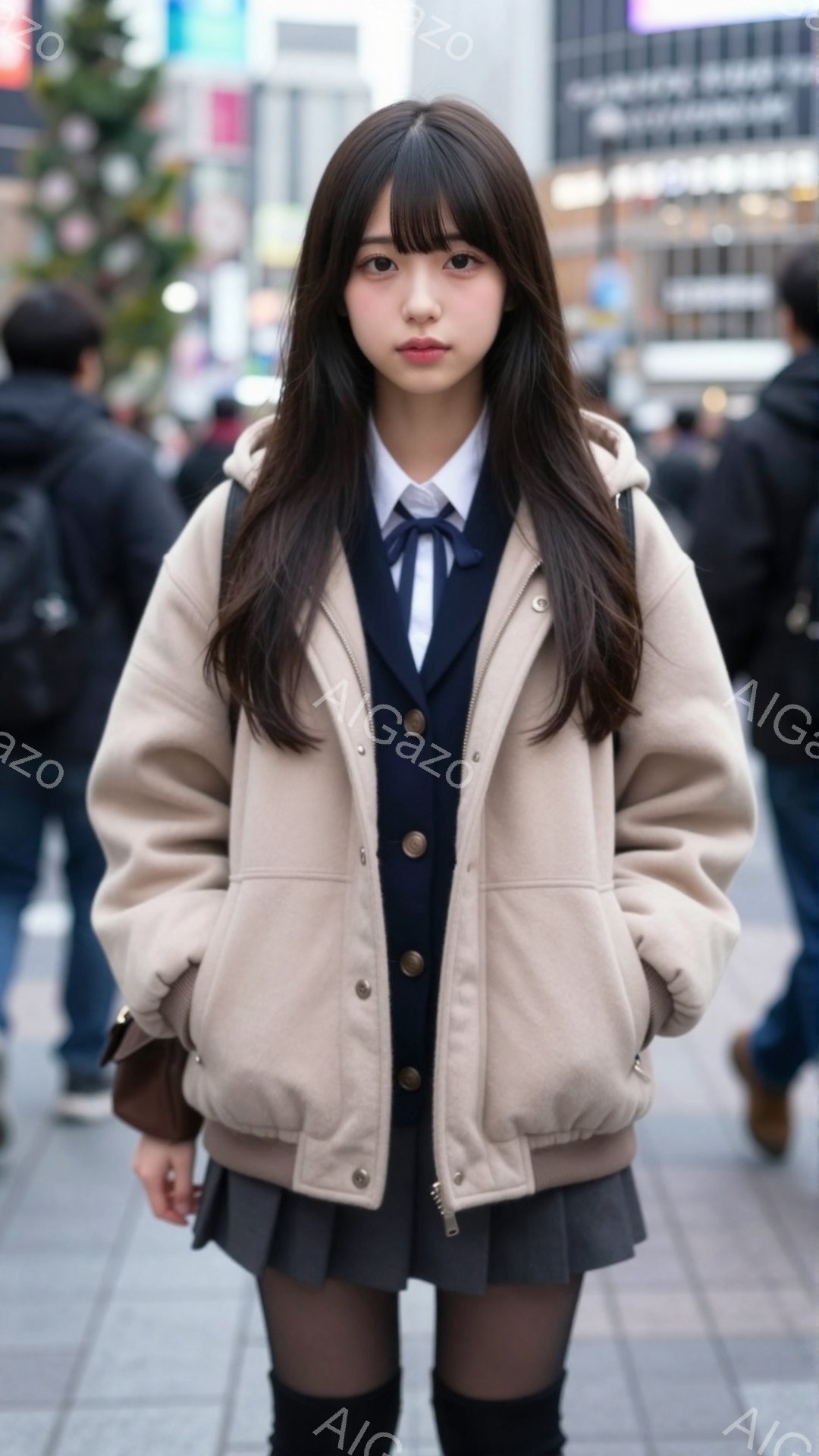 長いダークブラウンの髪をした若い女性が、ベージュのジャケット、ネイビーのブレザー、プリーツスカート、ニーハイソックスを着用して立っています。彼女は少し微笑んでおり、落ち着いた印象を与えます。背景には高層ビルや歩行者が見え、賑やかな都会の通りである様子が伺えます。