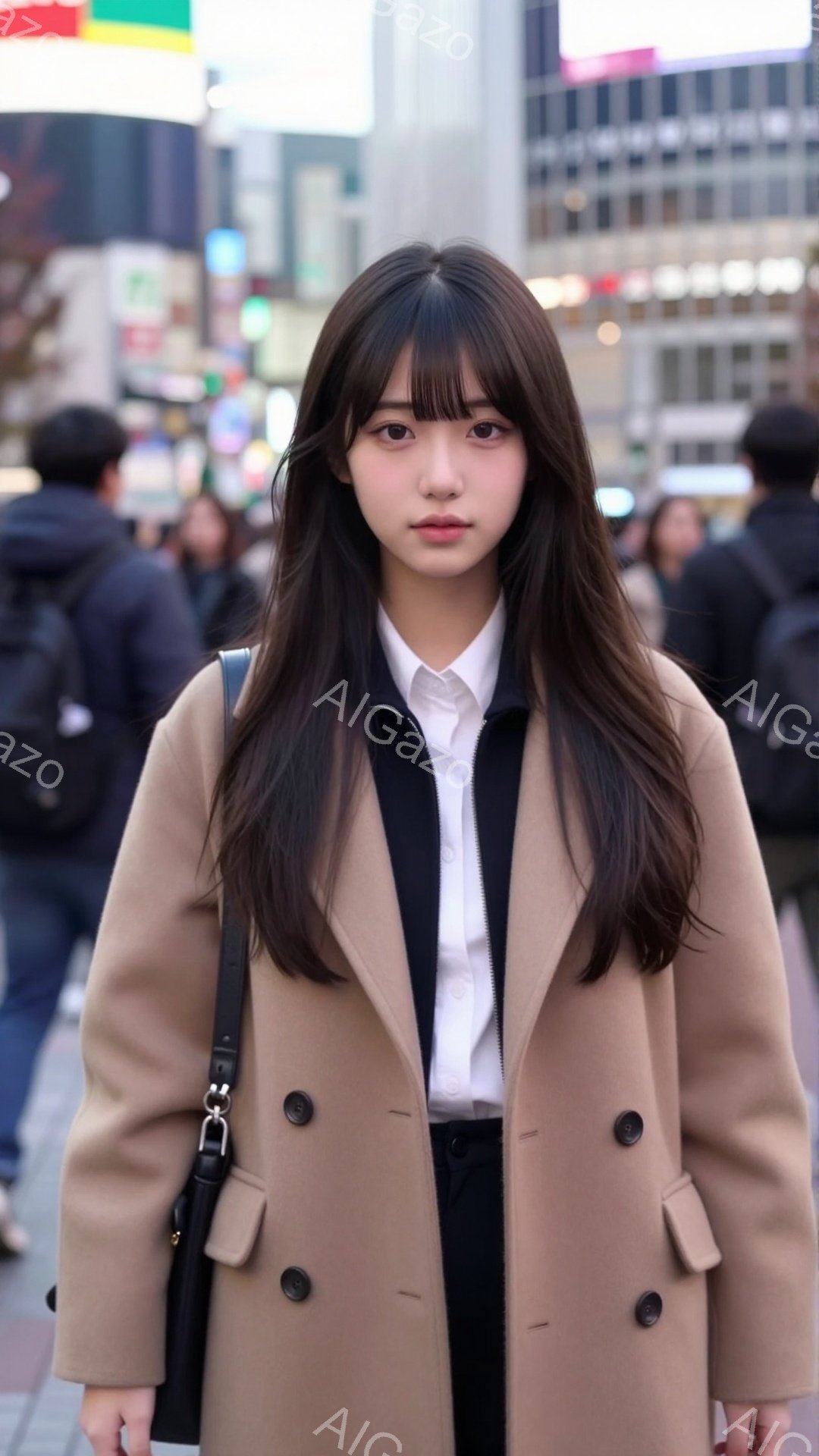 長い黒髪をセンターパートにした女性が、ベージュ色のオーバーコートと黒のボトムスを着用しています。彼女は肩に黒いバッグをかけ、穏やかで少し物憂げな表情をしています。背景には、高層ビルや多くの歩行者がおり、賑やかな都会の風景が広がっています。