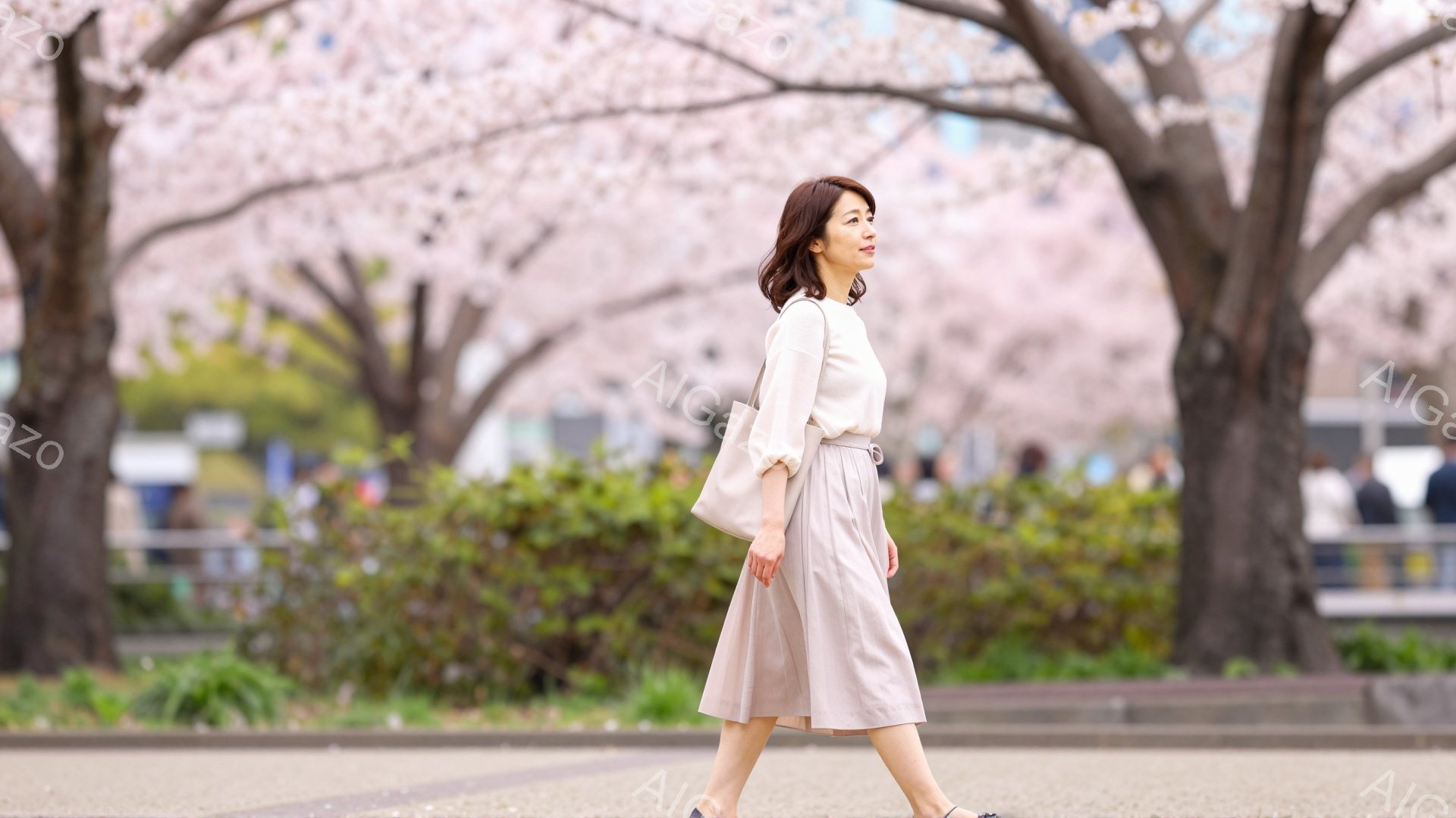 画像には、ベージュの服を着た女性が写っています。彼女は歩きながら、少し微笑んでいるようで、穏やかな表情をしています。背景には、満開の桜並木が広がり、春の穏やかな日差しの中で、優雅な雰囲気を醸し出してい - AI生成フリー素材