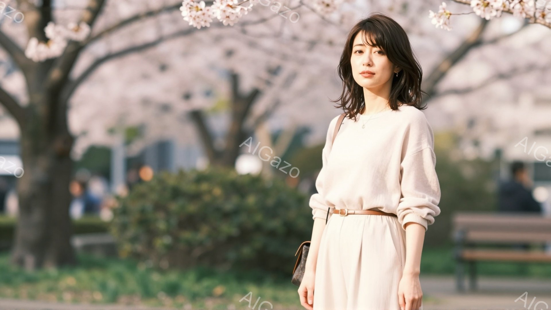 浅いピンク色のニットとスカートを着用した若い女性が写っています。彼女は肩にバッグをかけ、ベルトでウエストを強調しています。背景には桜の木々と緑の芝生、そしてぼんやりとした建物が見え、春の穏やかな日を思わせる、柔らかく暖かい雰囲気です。
