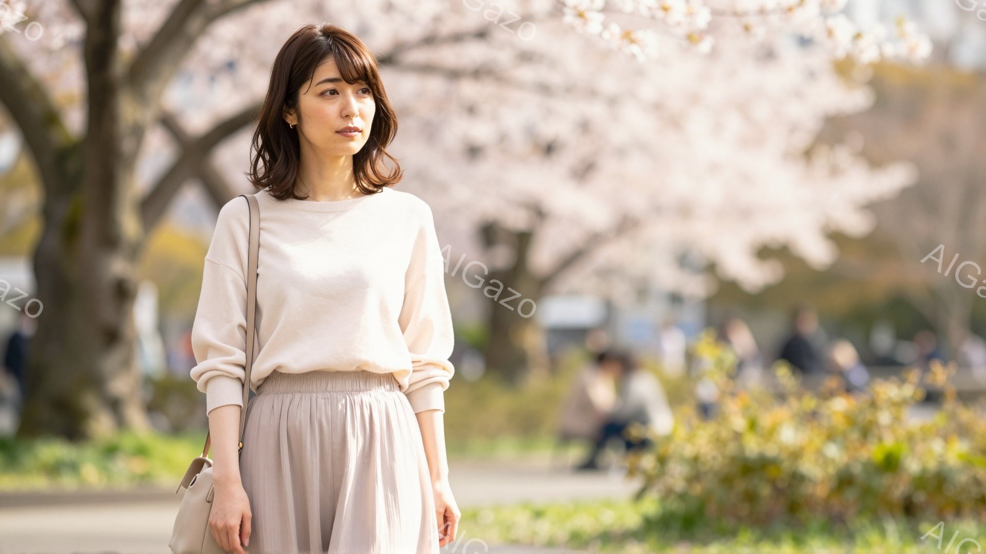 若い女性が、薄いピンク色のセーターとプリーツスカートを身に着け、肩にバッグをかけて立っています。彼女は少し微笑んでおり、やや右方向を見つめています。背景には桜並木と緑の芝生、そしてぼやけた人影があり、 - AI生成フリー素材