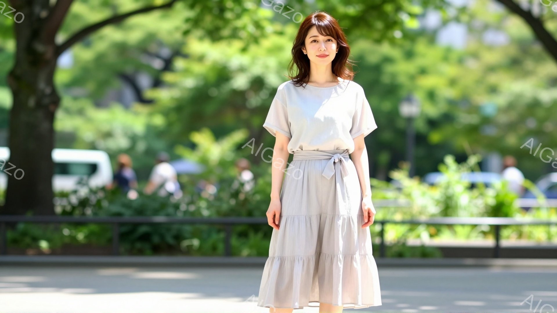 画像には、ベージュ色のティアードスカートとトップスを着た女性が写っています。彼女は軽く微笑み、ストレートヘアで、リラックスした姿勢で立っています。背景には緑豊かな木々と、ぼやけた遊歩道が見え、晴れた日 - AI生成フリー素材