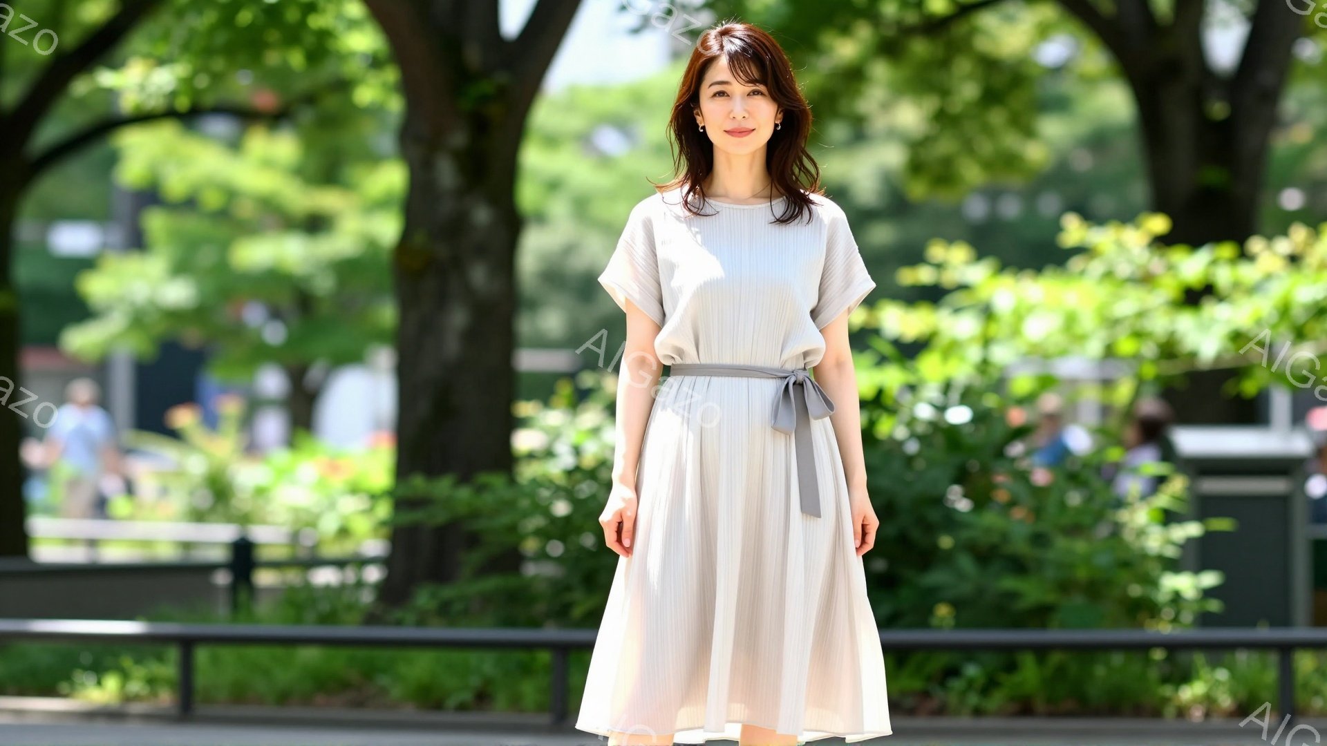 モデルは、明るいベージュ色のプリーツスカートと、それに合わせた淡い色のブラウスを着ています。彼女は軽く微笑み、リラックスした姿勢で正面を向いています。背景には緑豊かな木々と、ぼやけた遊歩道、そして晴れ - AI生成フリー素材