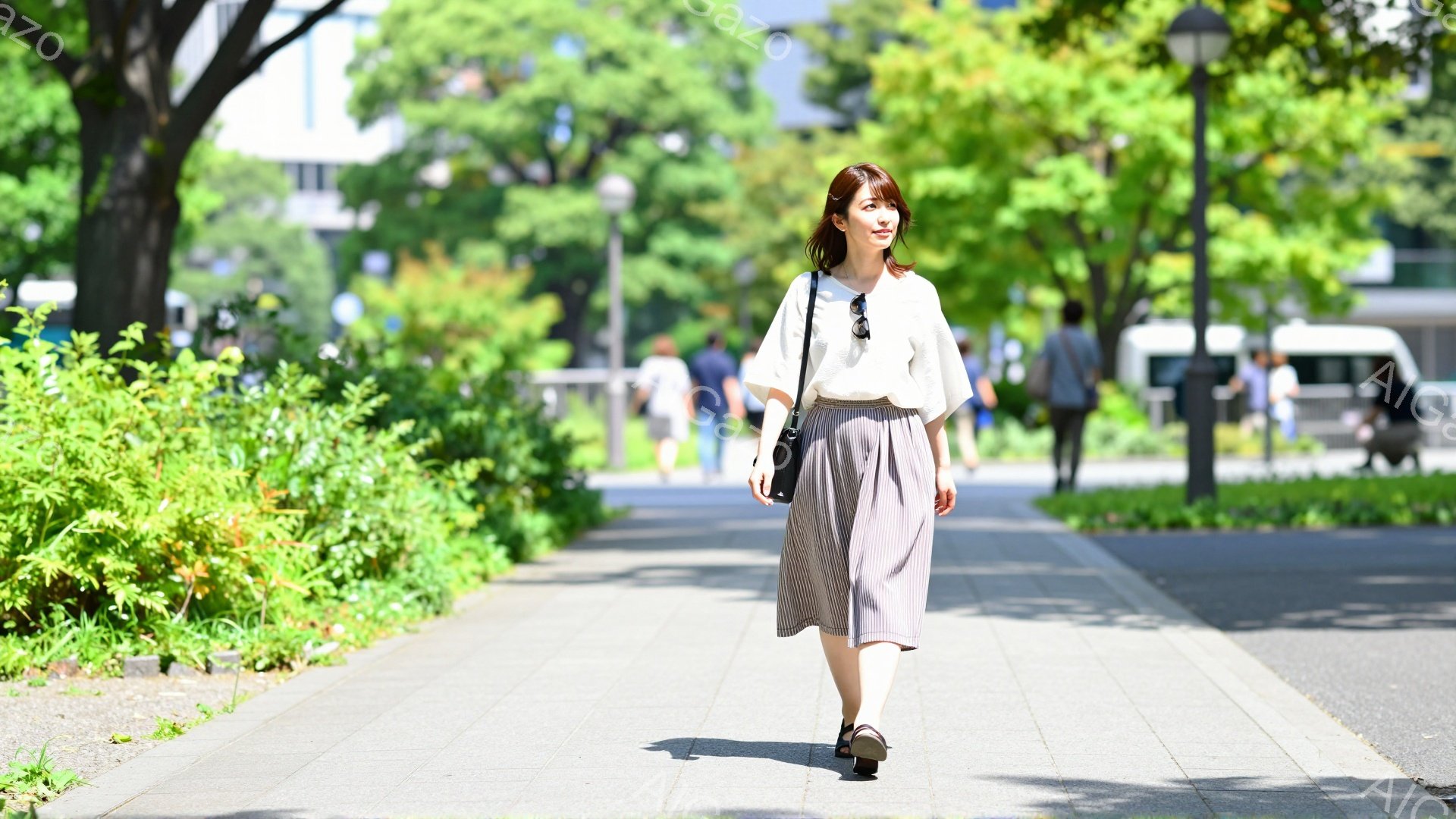 画像には、歩道を歩く女性が写っています。彼女は白いブラウスとプリーツスカートを身につけ、黒いショルダーバッグをかけています。背景には緑豊かな木々や建物が見え、晴れた日の穏やかな雰囲気が漂っています。