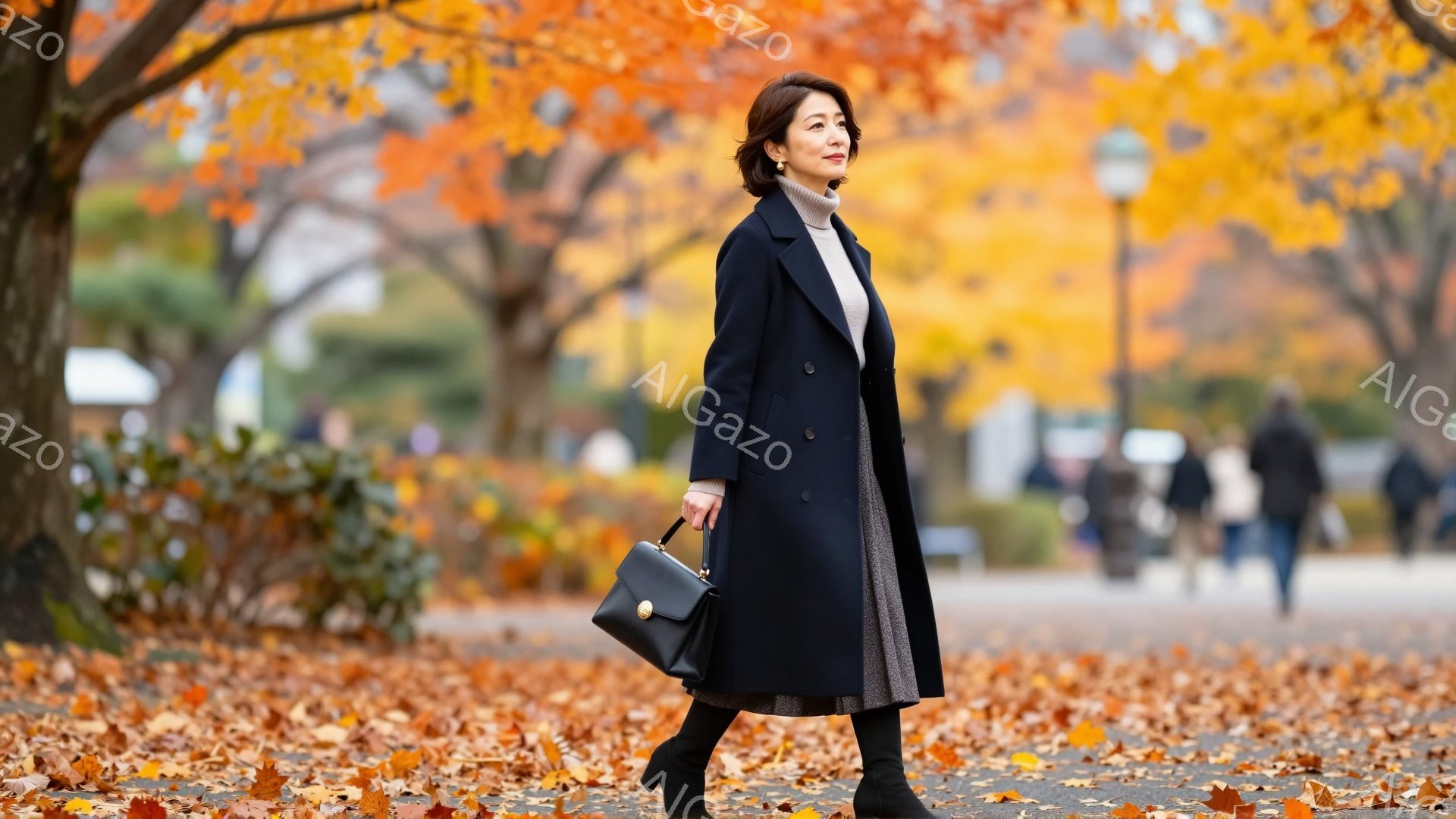 画像には、秋の公園を歩く女性が写っている。彼女は紺色のロングコート、グレーのスカート、黒いブーツを身に着け、肩にかけた黒いハンドバッグを持っている。背景には鮮やかな黄色の葉が散りばめられた道と、ぼやけた建物や人々が見え、秋の穏やかな雰囲気を伝えている。