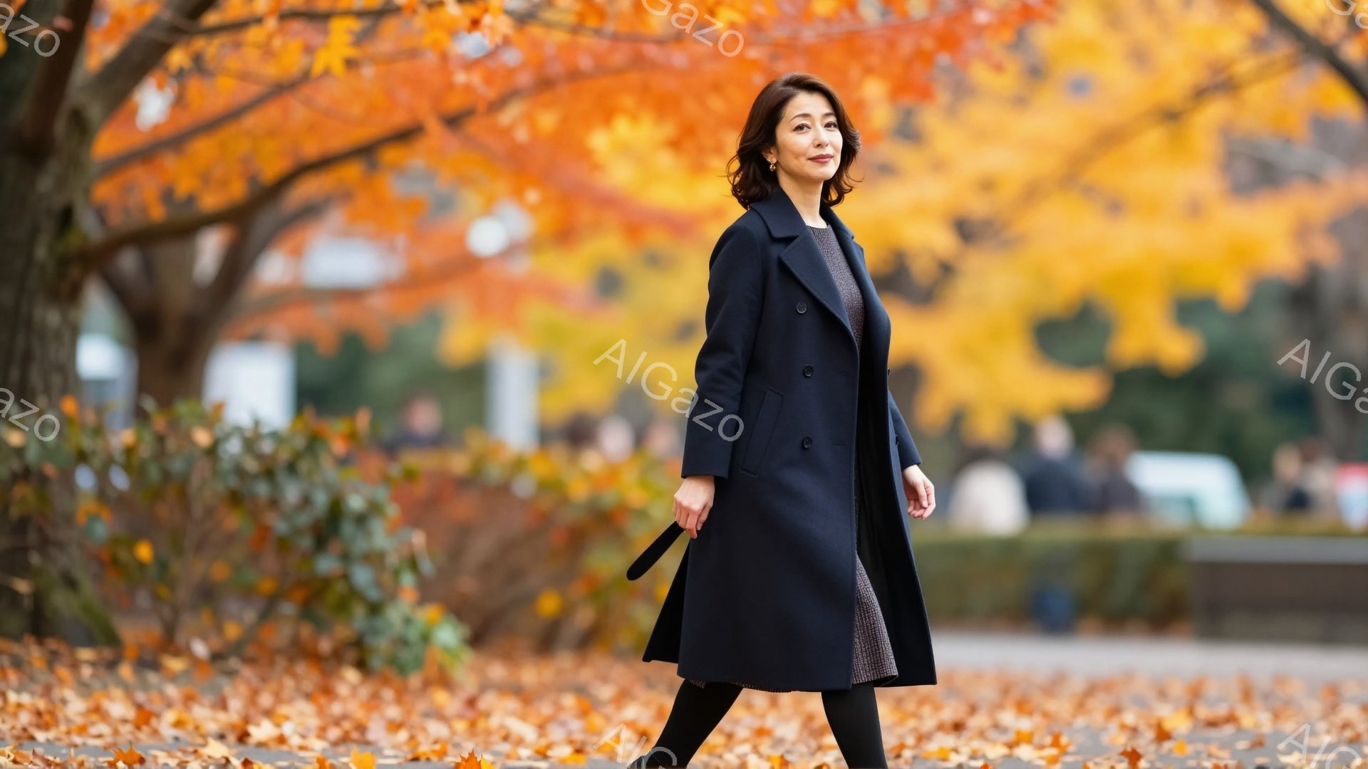 紺色のロングコートを羽織った女性が、落ち葉が敷き詰められた道を歩いている。彼女は黒いタイツと靴を履き、髪は肩にかかる程度の長さで、穏やかな表情をしている。背景には鮮やかな黄色の葉を持つ木々が並び、公園のような場所で秋の穏やかな一日が描かれている。