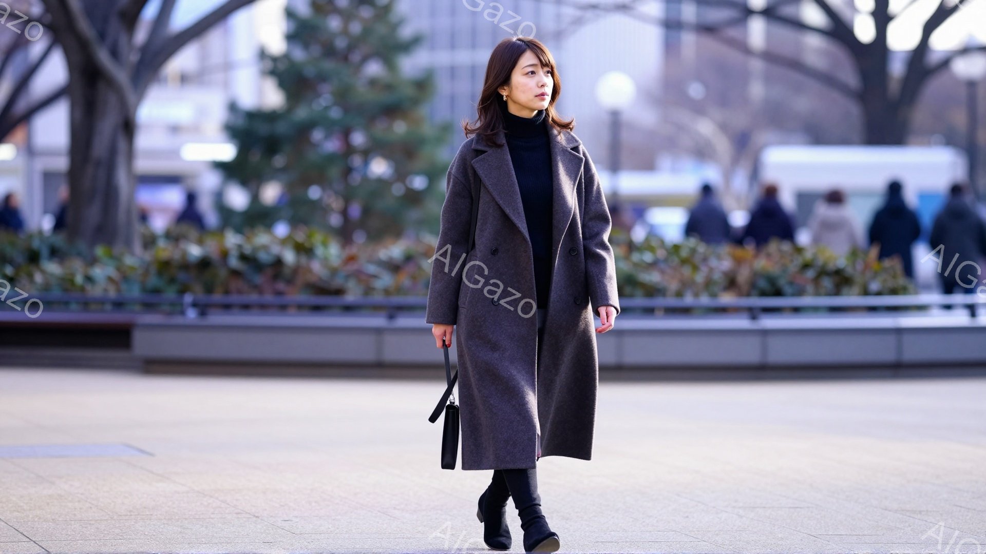 長いグレーのコートを着た女性が、石畳の広場を歩いている。黒いタイトなパンツとブーツを合わせ、髪は肩にかかる長さで、穏やかな表情をしている。背景には木々や建物が見え、晴れた冬の日らしい光景で、落ち着いた - AI生成フリー素材