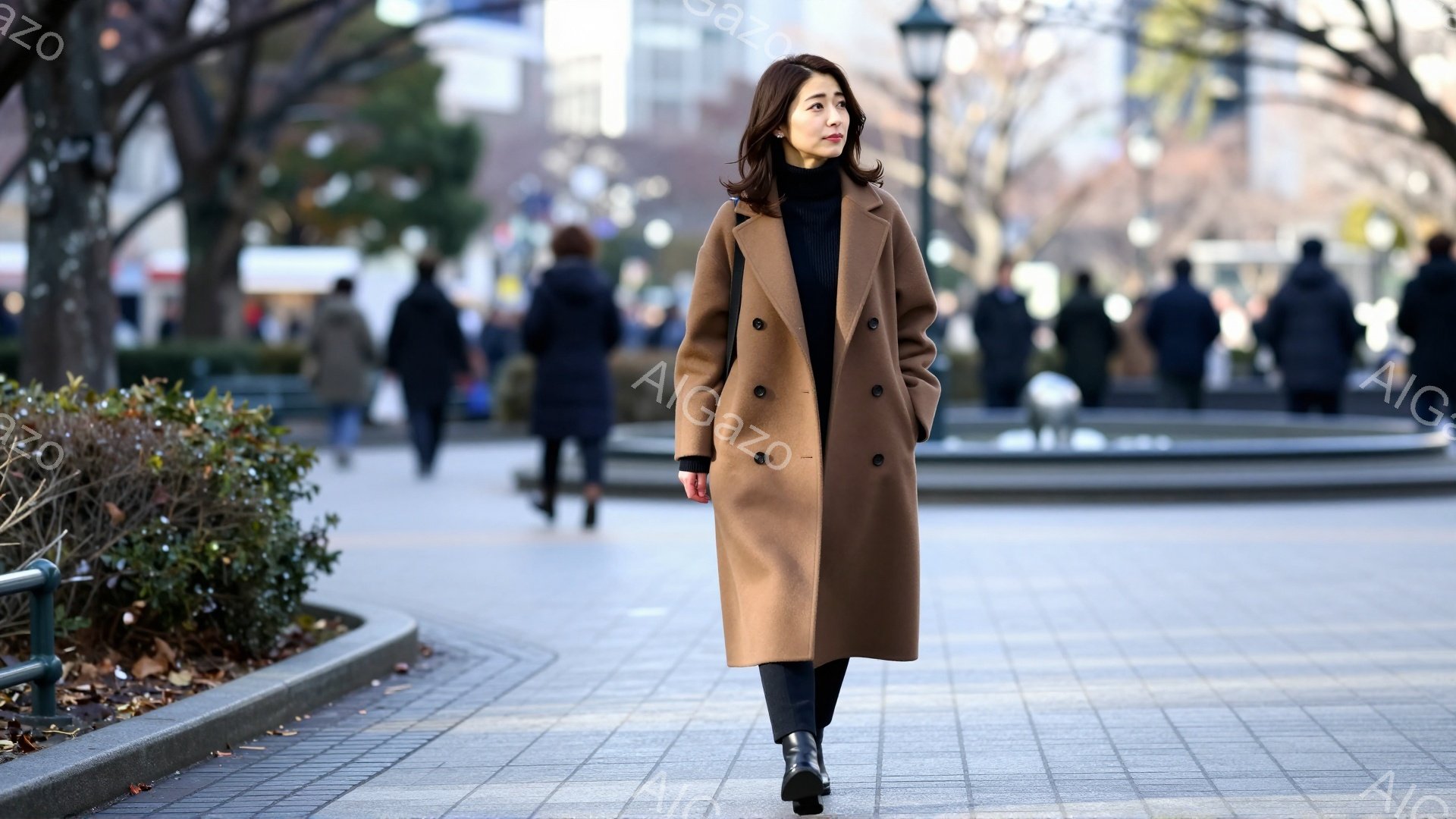茶色のロングコートを着た女性が歩道を歩いている。彼女は黒いパンツとブーツを履き、髪は肩まで届く長さでストレートになっている。背景には、他の歩行者や木々が見え、晴れた日の穏やかな雰囲気が漂っている。 - AI生成フリー素材