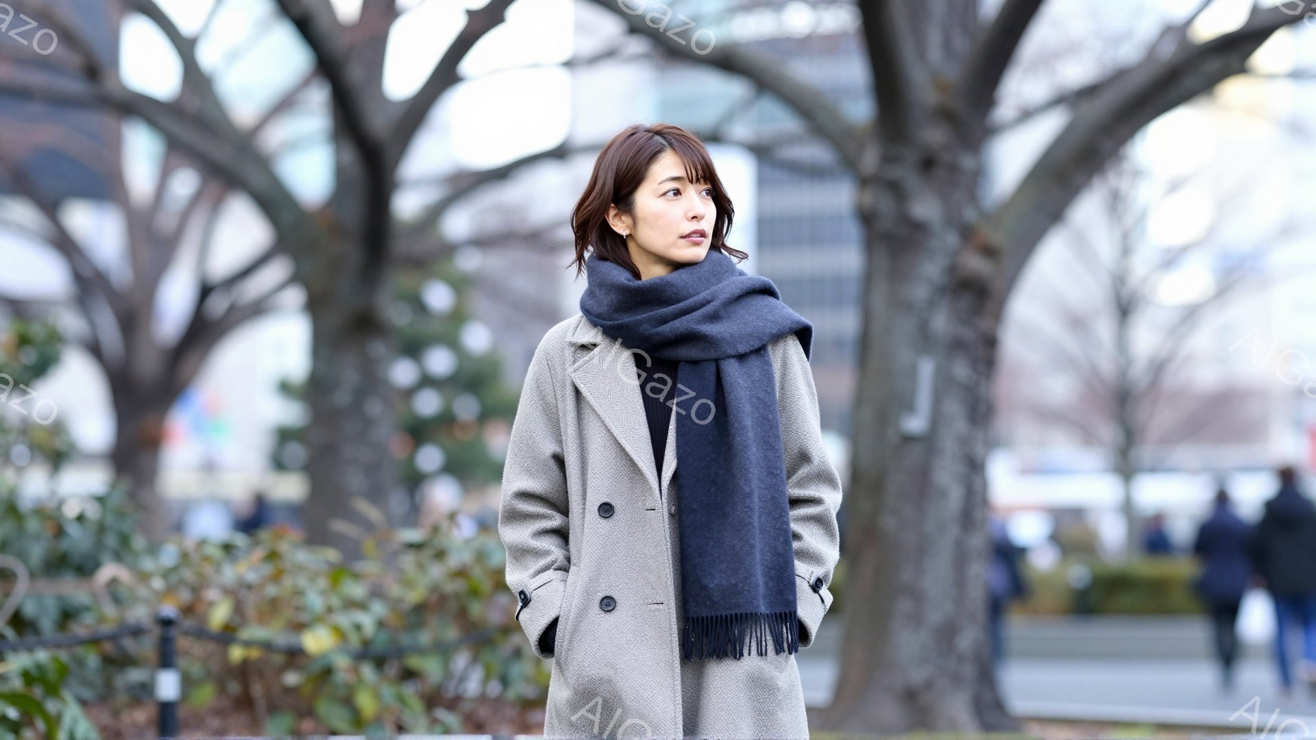 画像には、グレーのコートにダークグレーのマフラーを巻いた女性が写っています。彼女は少し上目遣いで、何かを考えているような表情をしています。背景には、葉の少ない木々が並び、歩道には数人の人がぼんやりと見えます。