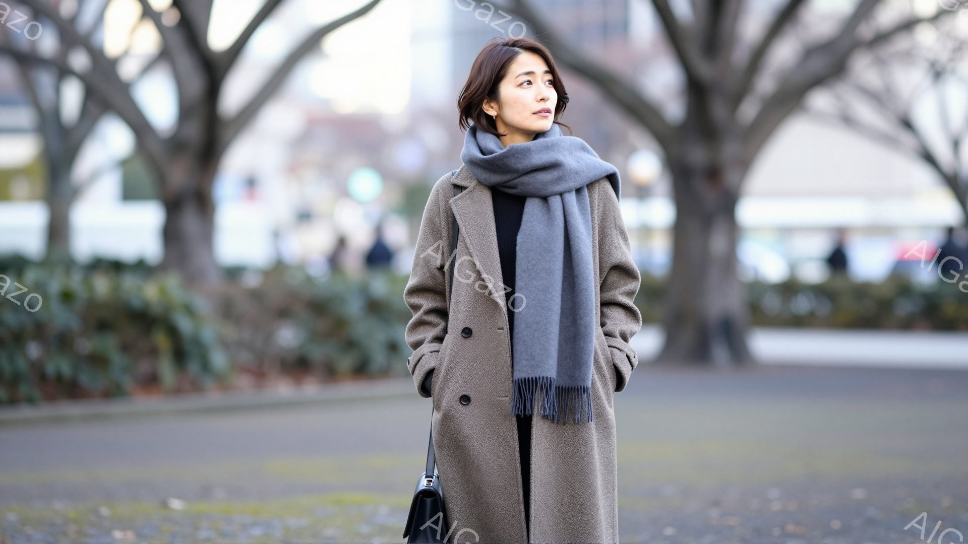 女性はグレーのコートとスカーフを身につけ、黒いバッグを持っています。彼女は少し上を見上げており、落ち着いた表情で、片手をポケットに入れています。背景には木々が並び、冬の晴れた空が広がっており、穏やかで洗練された雰囲気が漂っています。