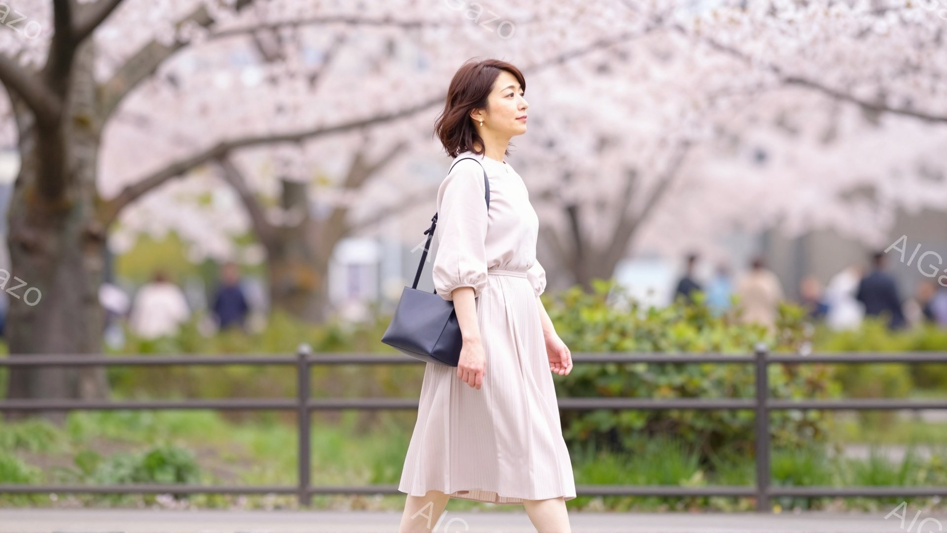 画像には、ベージュ色のワンピースを着た女性が写っています。彼女は肩に黒いハンドバッグをかけており、少し微笑んでいるように見えます。背景には、満開の桜並木と緑の芝生が見え、春の穏やかな一日であることがわ - AI生成フリー素材