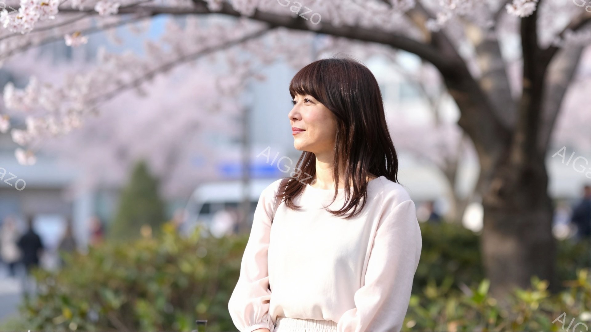 画像には、桜の木の下に立つ若い女性が写っています。彼女は薄いピンク色の長袖シャツを着ており、ダークブラウンの長い髪は肩にかかっています。彼女は少し上を見つめており、穏やかで少し物思いにふけるような表情をしています。