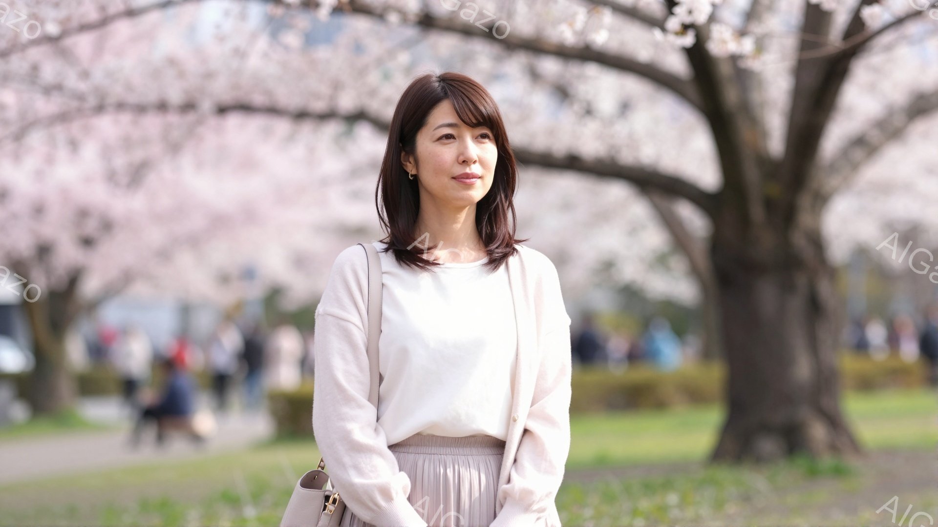 明るい茶色の髪を肩のあたりで切り揃えた女性が、薄いピンク色のブラウスと、淡いベージュのスカートを身につけて立っています。彼女はわずかに微笑み、遠くを見つめており、肩に掛けたバッグがアクセントになってい - AI生成フリー素材