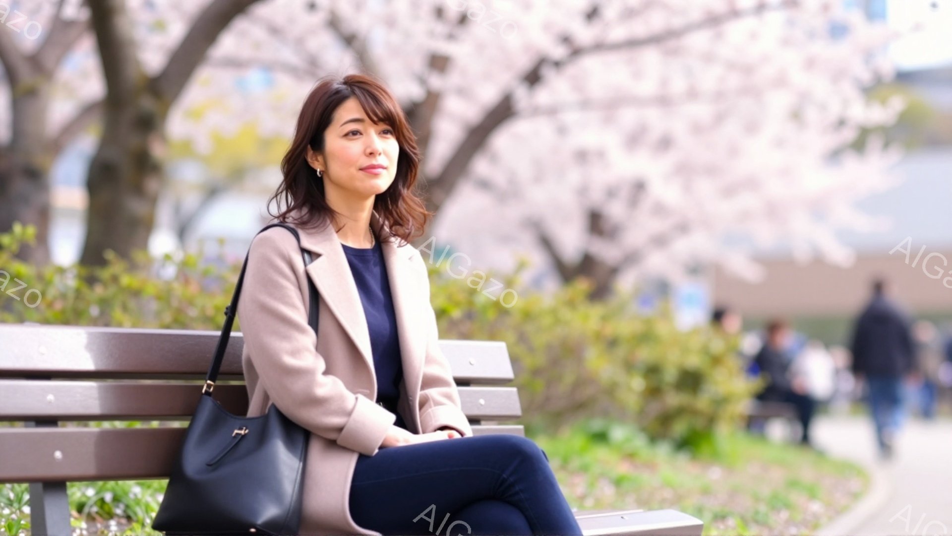 長い髪を肩にかける女性が公園のベンチに座っており、ベージュ色のコートと濃い色のパンツを着用しています。彼女はリラックスした表情で、少し遠くを見つめています。背景には桜並木が咲き誇り、春の穏やかな雰囲気 - AI生成フリー素材