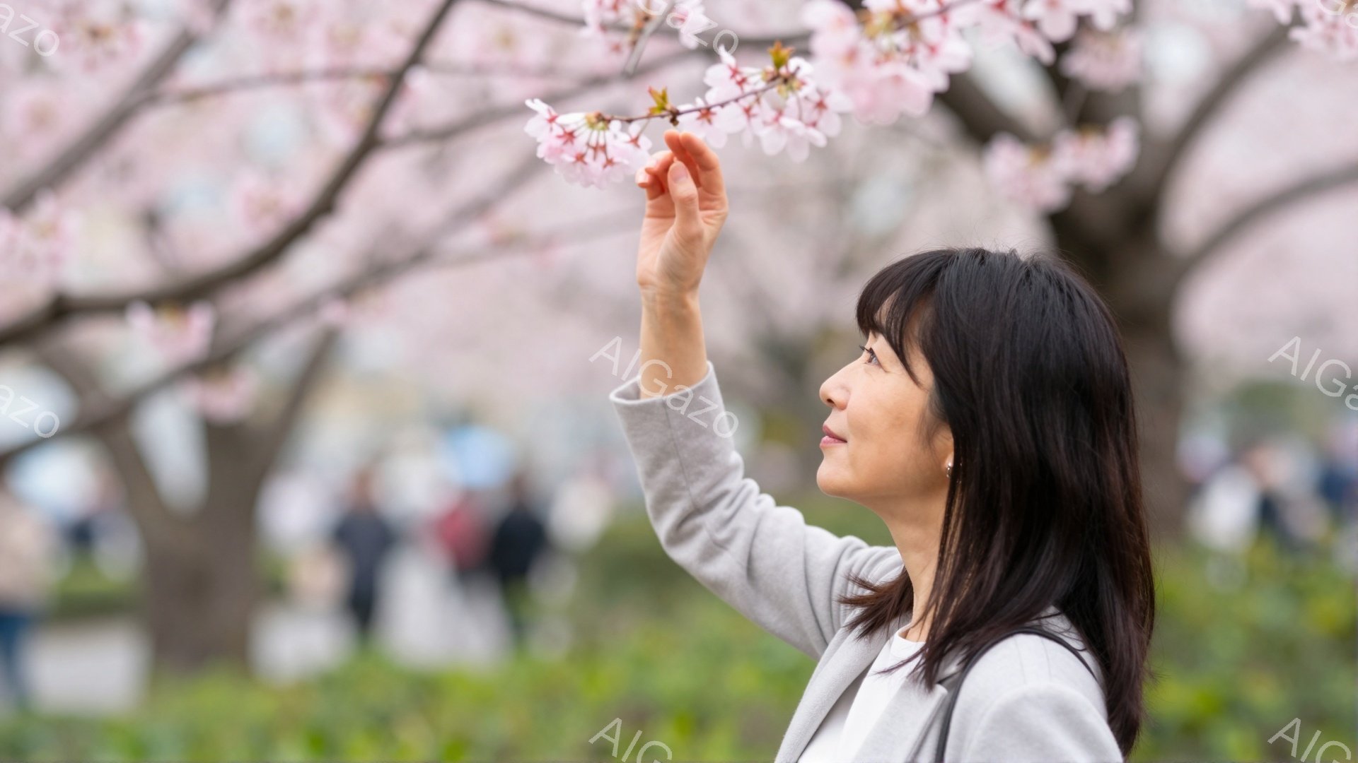 中年の女性が、満開の桜の木の下で、片手を上げて桜の花を見上げています。彼女はグレーのジャケットを着ており、黒髪を肩のあたりで切り揃えています。背景には、ぼやけた人々と緑の芝生が広がり、春の穏やかな雰囲気が漂っています。