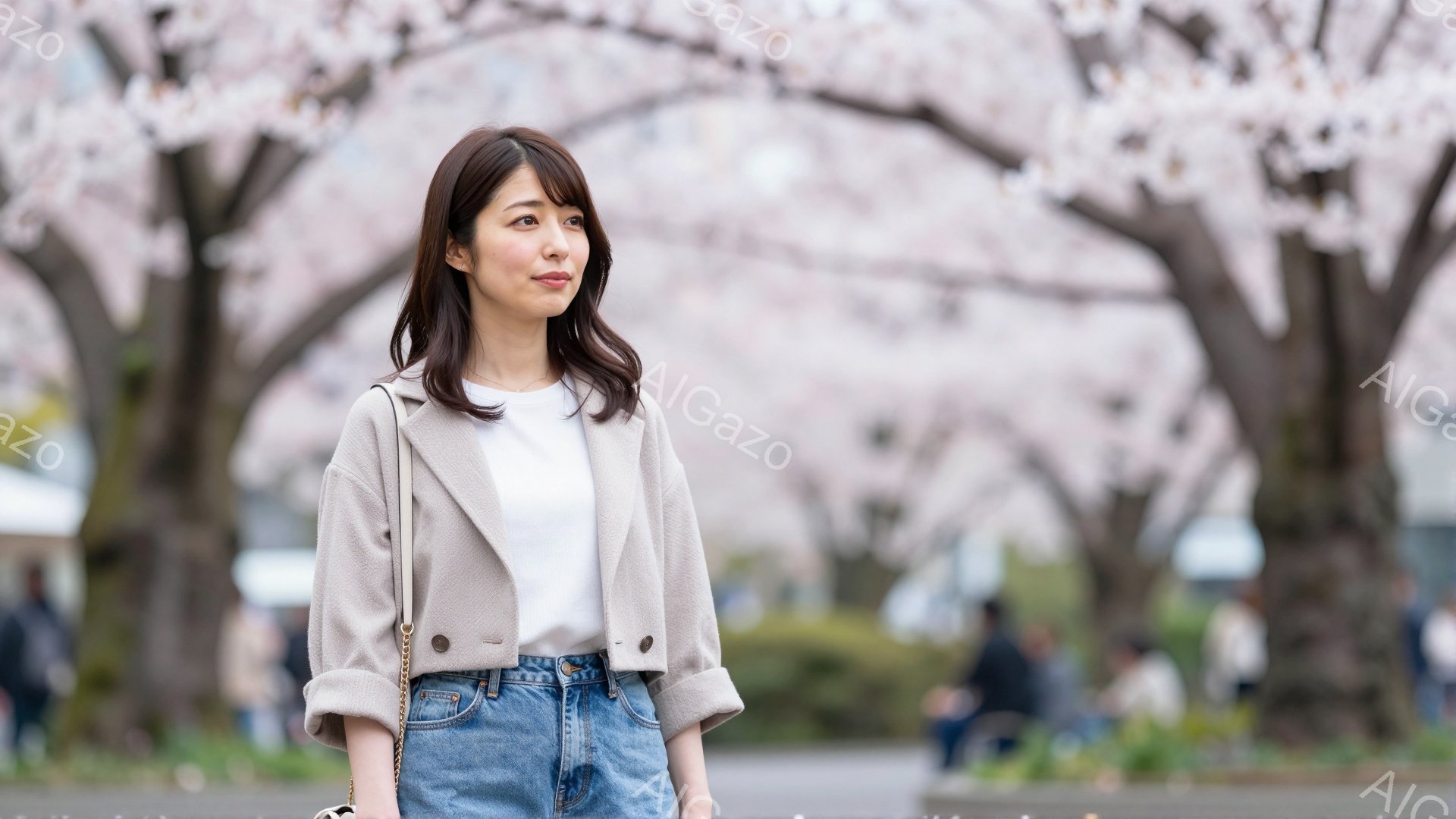 画像には、薄いベージュ色のジャケットとデニムのジーンズを着た女性が写っています。彼女は少し横を向き、穏やかな表情で遠くを見つめており、髪は肩にかかる長さで自然なスタイルです。背景には桜並木が広がり、春 - AI生成フリー素材