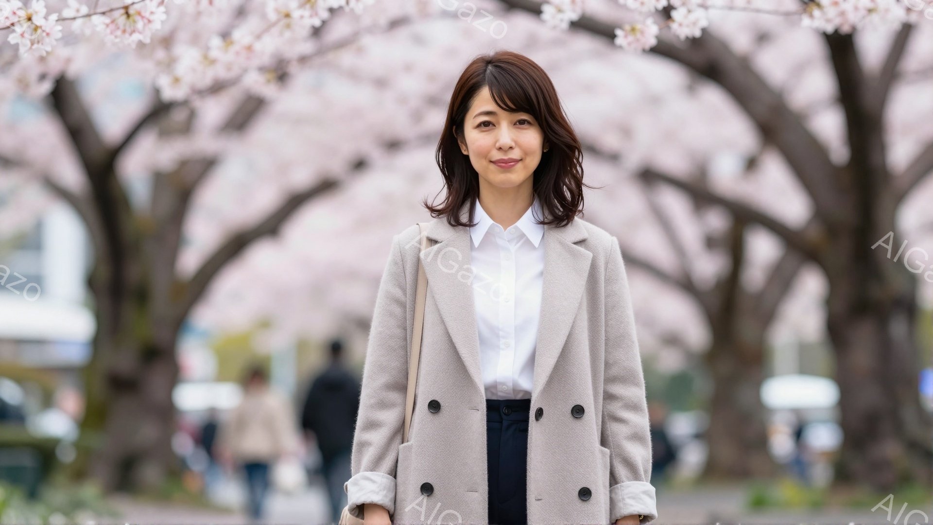 彼女は白いシャツにグレーのコートを着て、紺色のズボンを履いています。髪は肩までの長さで、軽くカールがかかっています。背景には桜並木が広がり、春の穏やかな雰囲気が漂っています。