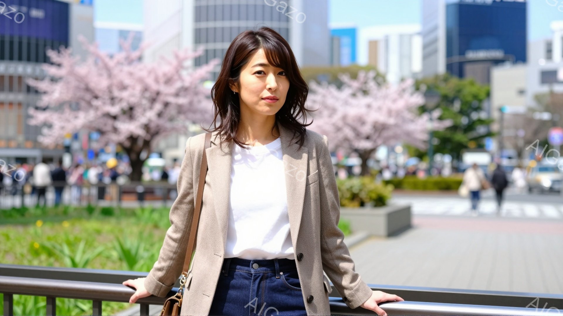 画像には、ベージュ色のジャケットを羽織り、白いTシャツと濃い色のジーンズを着用した女性が写っています。彼女は軽く微笑み、リラックスした表情で、手すりに手を置き、わずかに前かがみになっています。背景には - AI生成フリー素材