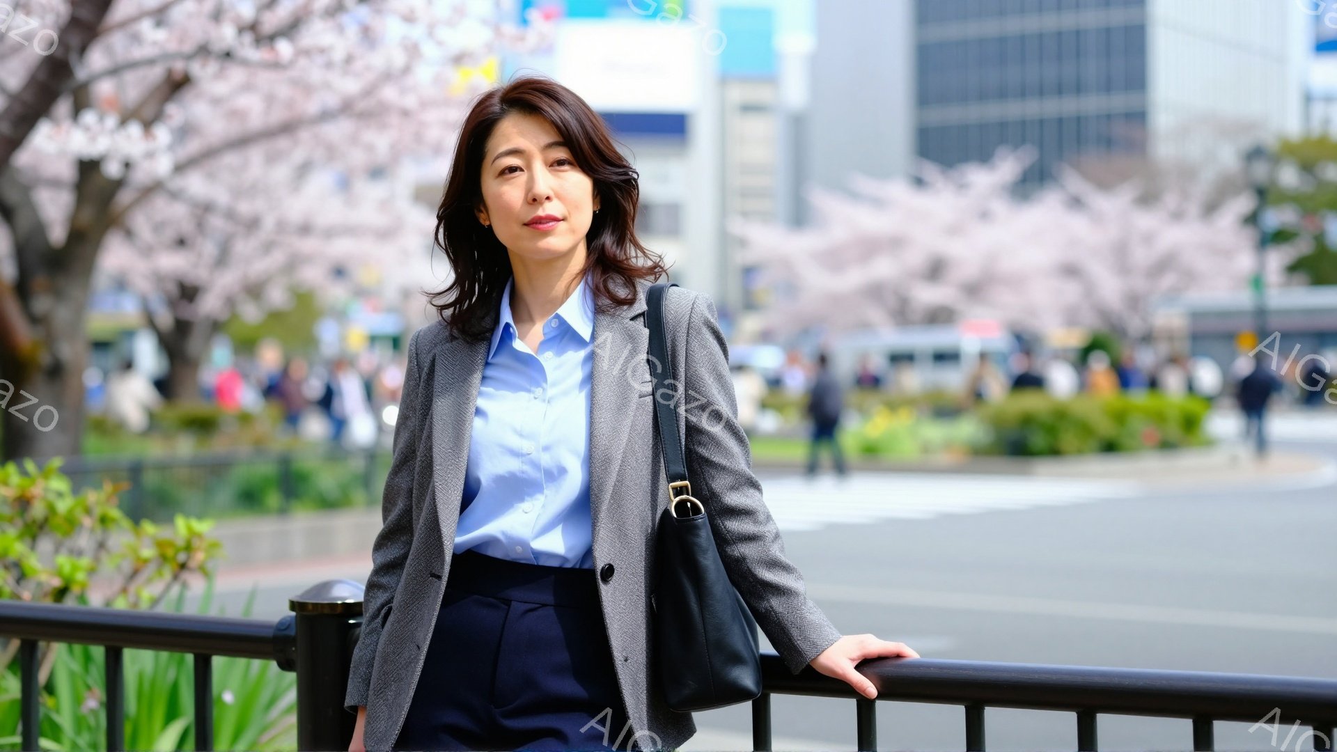 画像に写っている女性は、グレーのジャケットに水色のシャツ、紺色のズボンというビジネススタイルで、肩に黒いハンドバッグをかけている。彼女はフェンスにもたれ、わずかに微笑みながら、リラックスした表情でこちらを見ている。背景には桜並木が咲き誇り、高層ビルが見えることから、春の都会の風景であることがわかる。